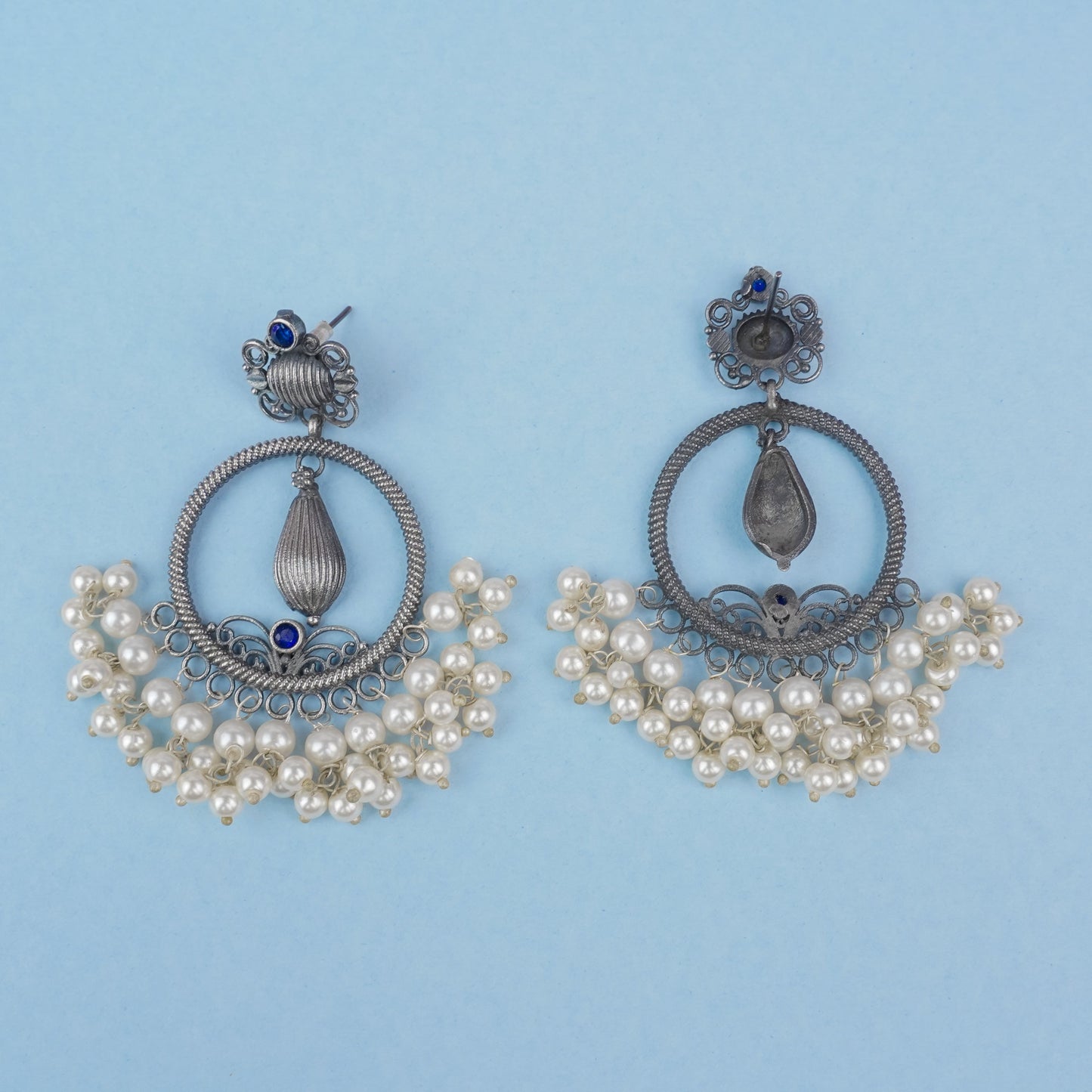 Ghoomar- Silver Brass Pearl dangler earrings(Blue)