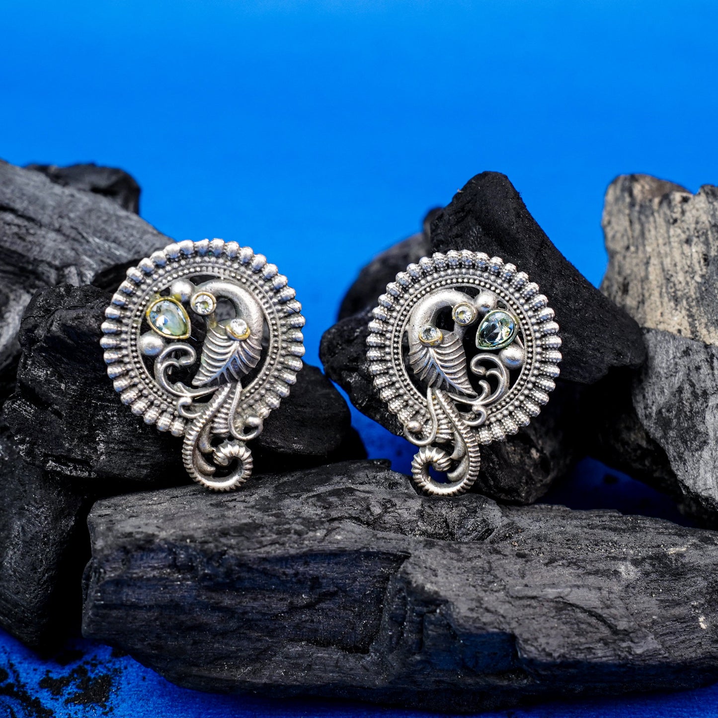 MorRatna- Silver Brass Stone Studded Stud Earrings(White)