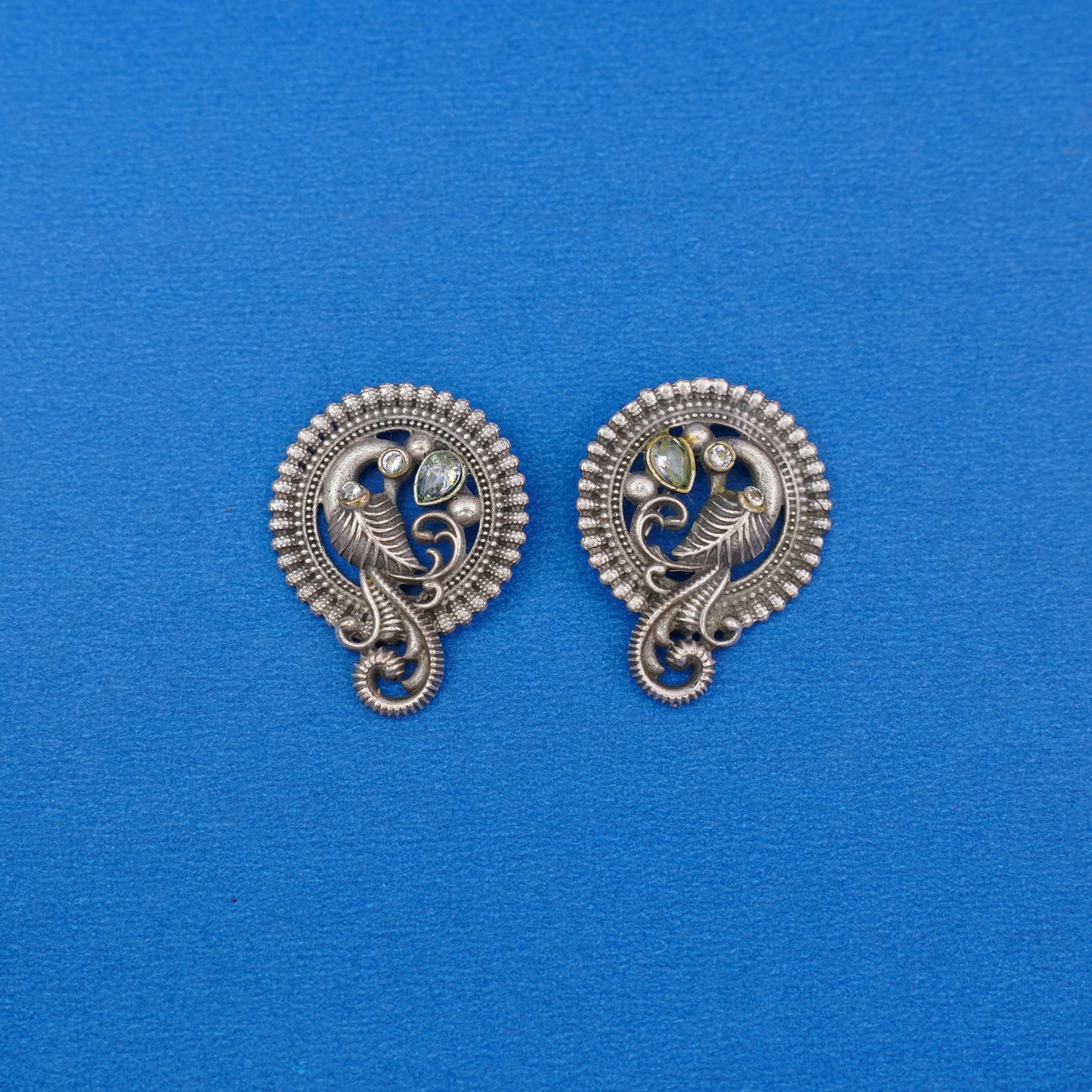 MorRatna- Silver Brass Stone Studded Stud Earrings(White)