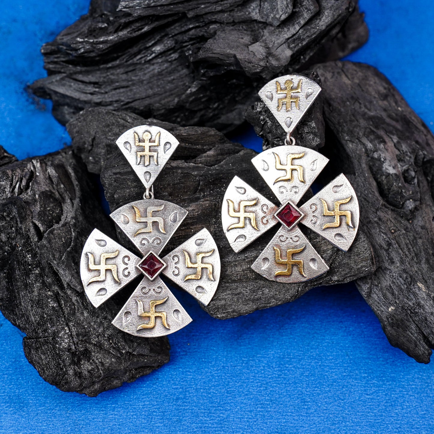 Swastik- Silver Brass Stone studded dangler earrings