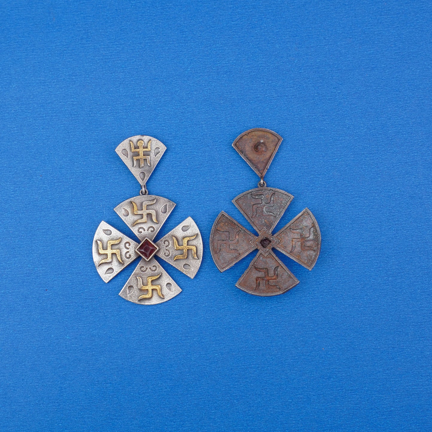 Swastik- Silver Brass Stone-Studded dangler earrings