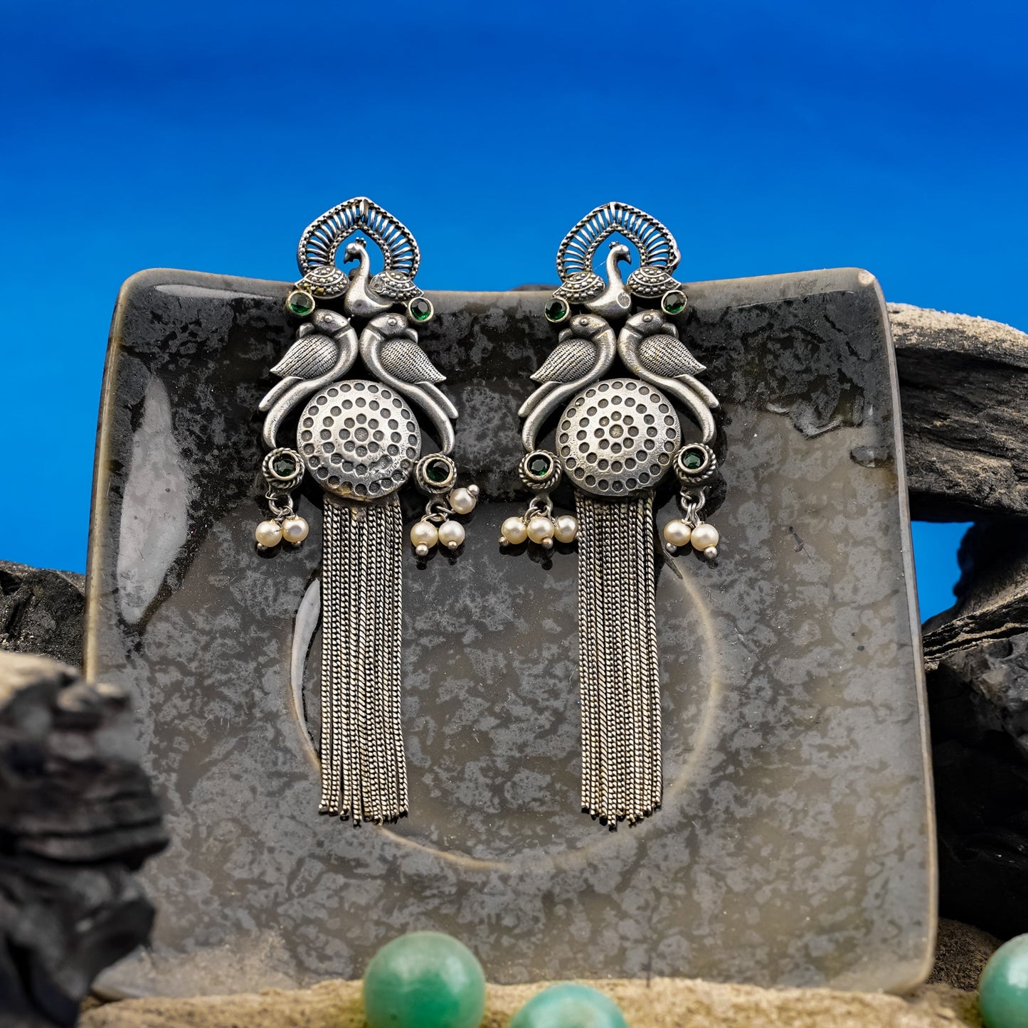 Jhalar- Silver Brass Oxidised dangler earrings(Green)