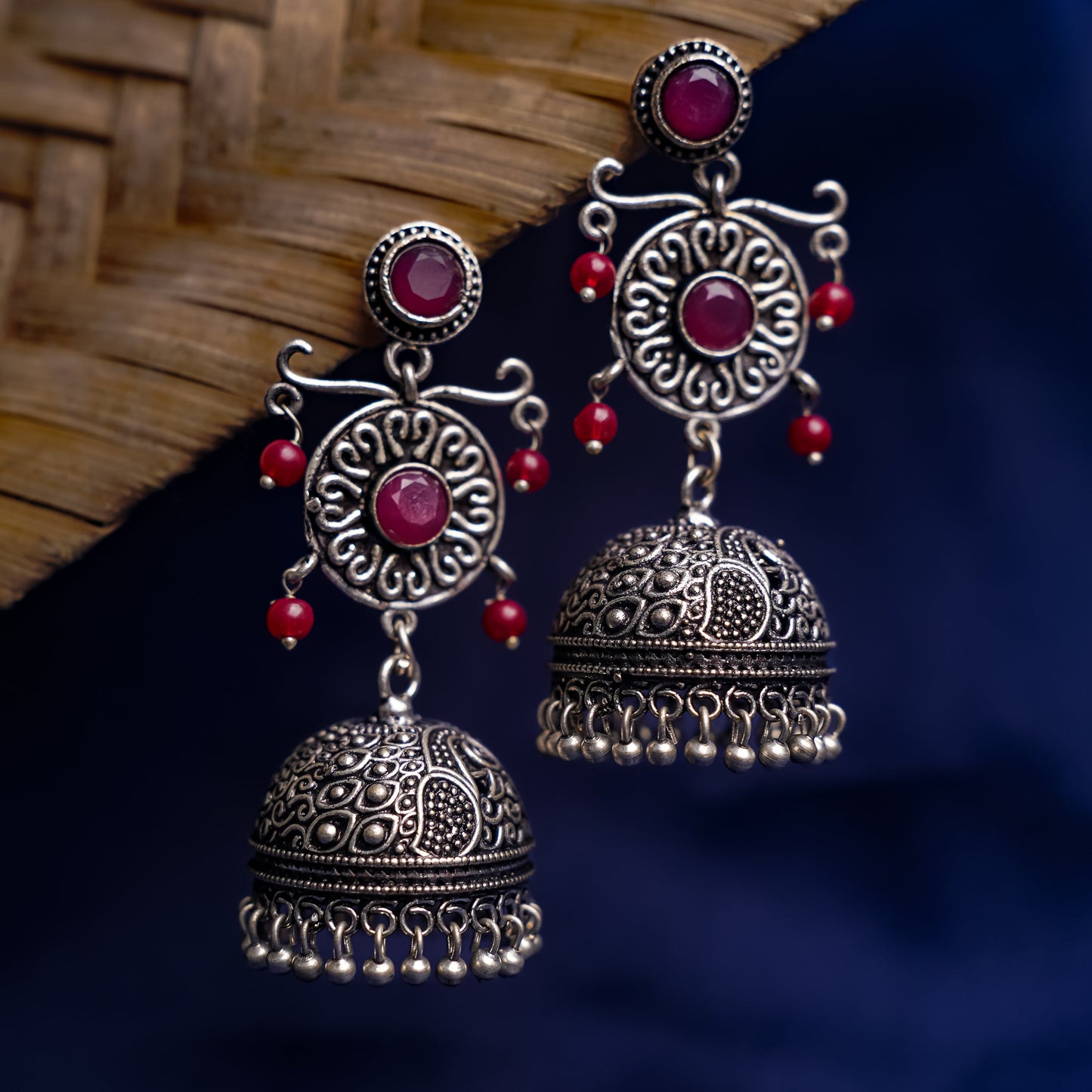 Mallika- Silver Brass Oxidised Jhumka Earrings(Red)