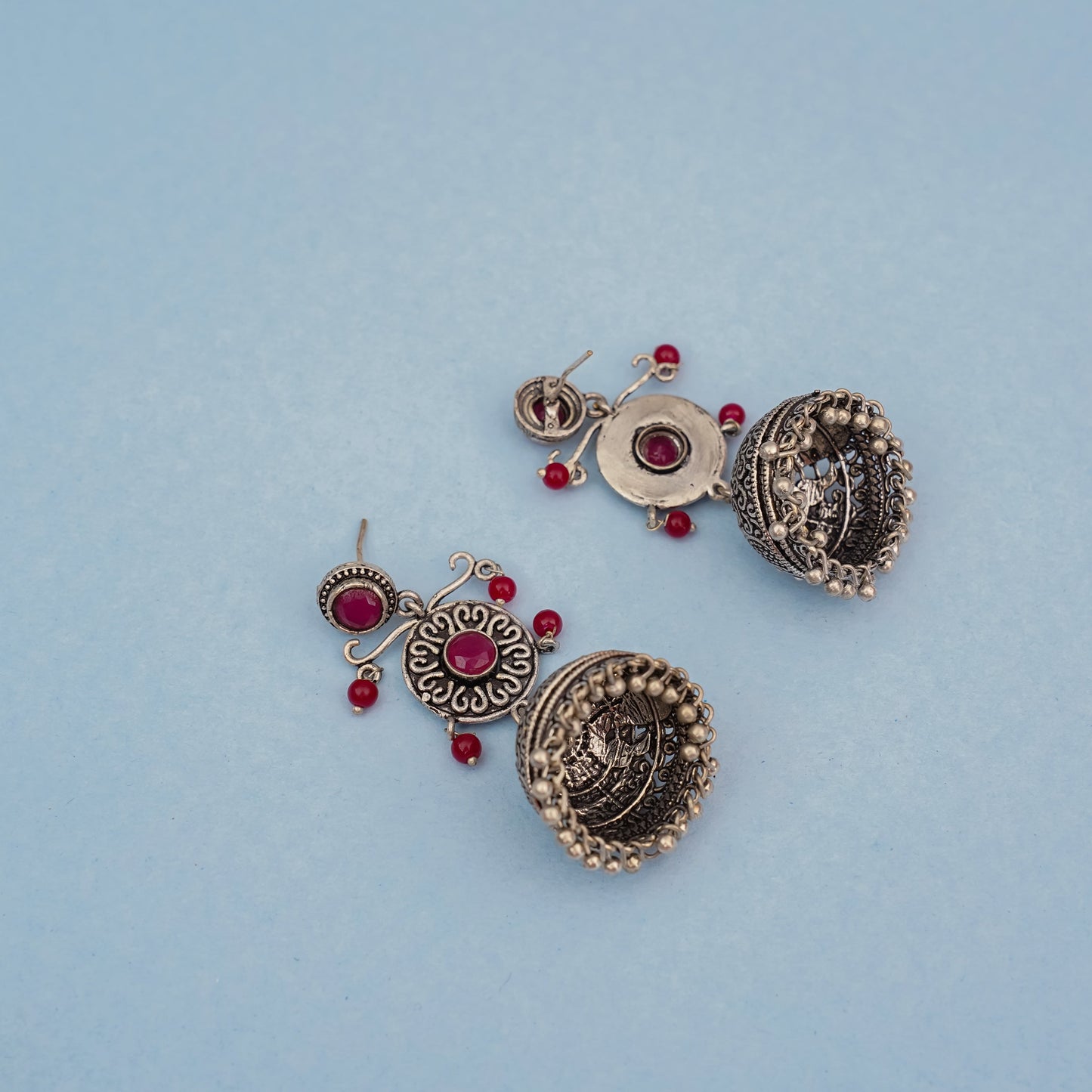 Mallika- Silver Brass Oxidised Jhumka Earrings(Red)