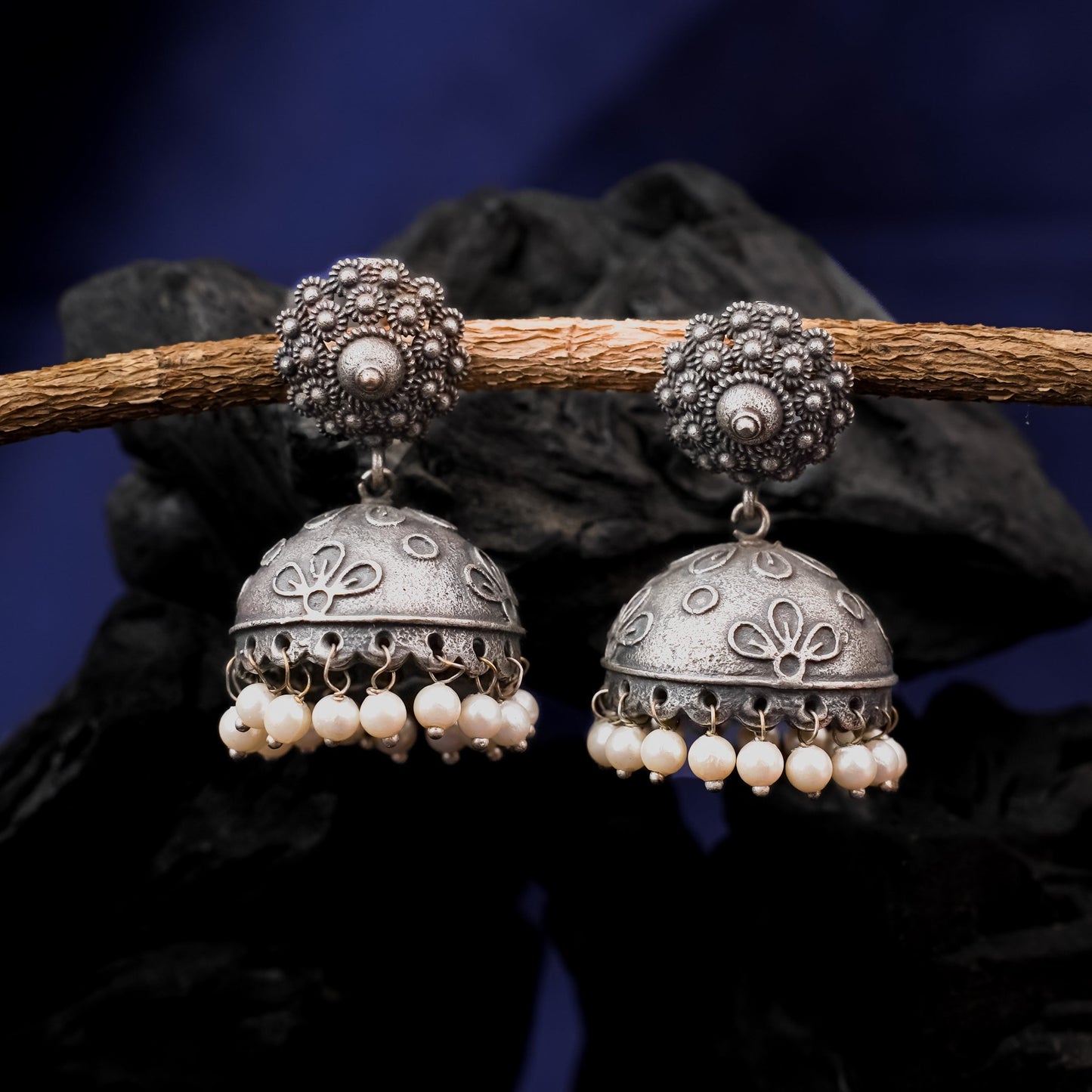 Kusum- Silver Brass Pearl jhumka earrings