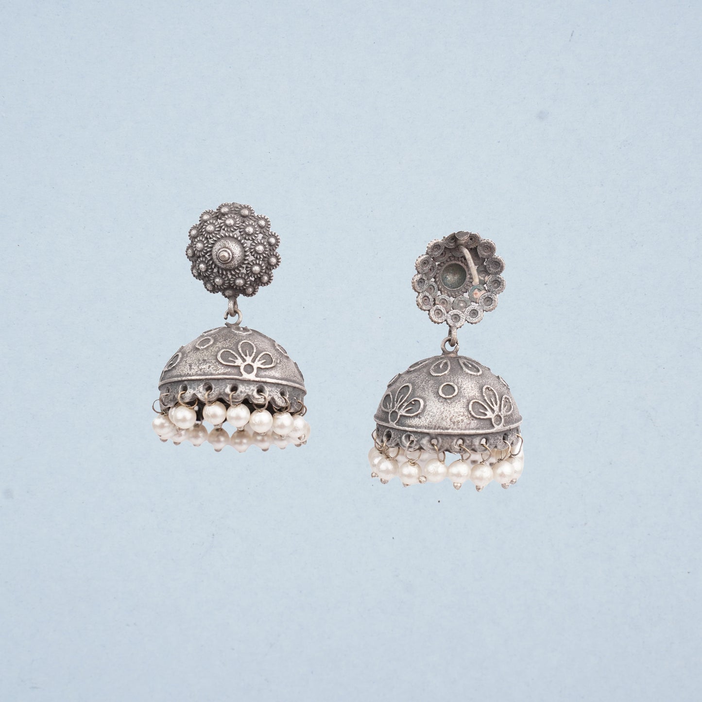 Kusum- Silver Brass Pearl jhumka earrings