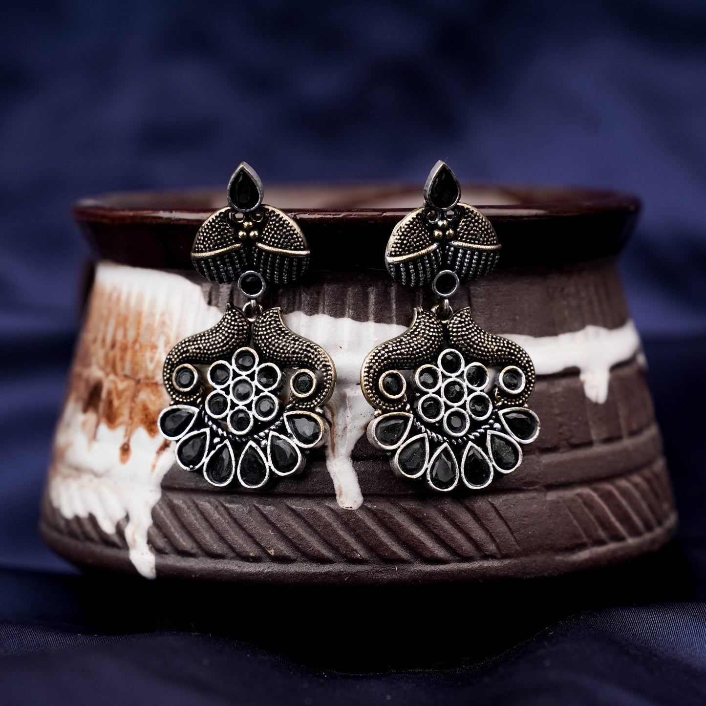 ChandVrit- Silver Brass Oxidised dangler earrings
