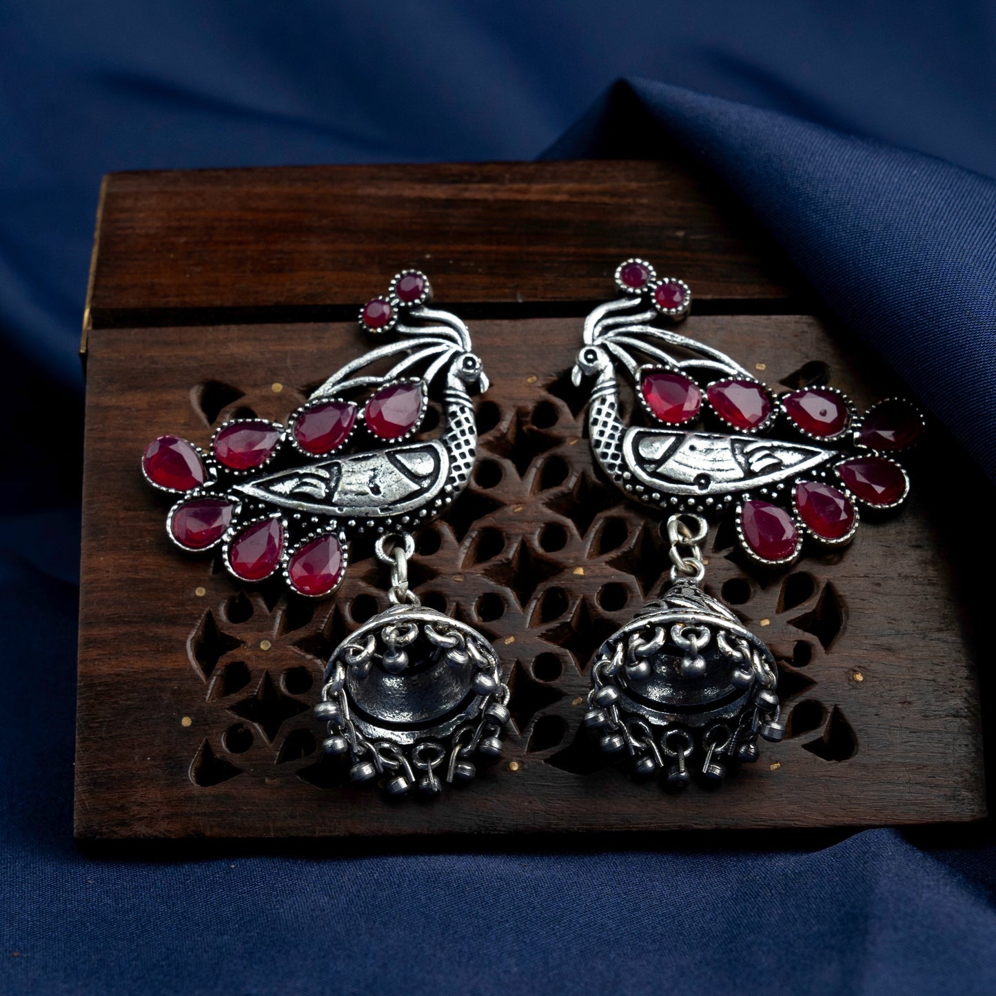 ChandMor- Silver Brass Pearl jhumka earrings (Peacock)