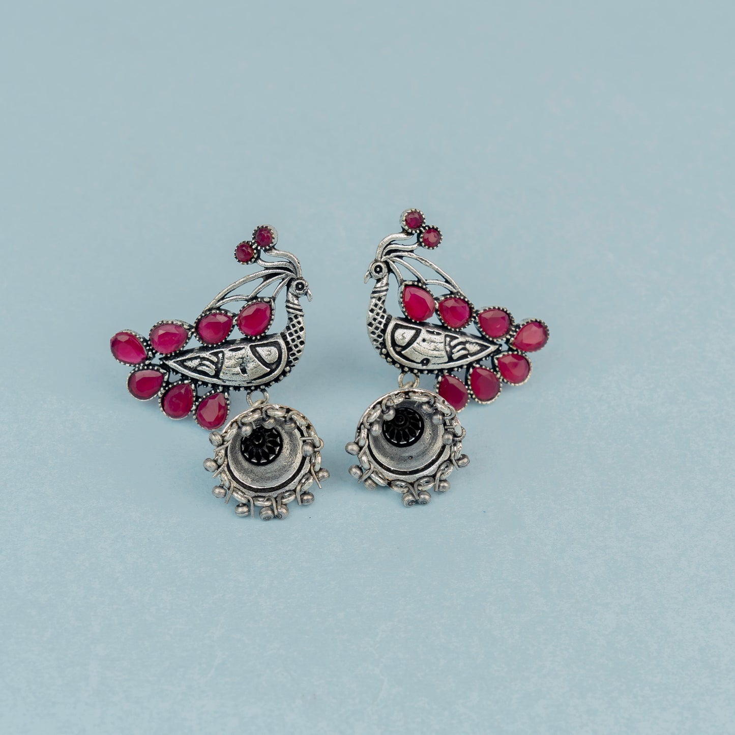 ChandMor- Silver Brass Pearl jhumka earrings (Peacock)