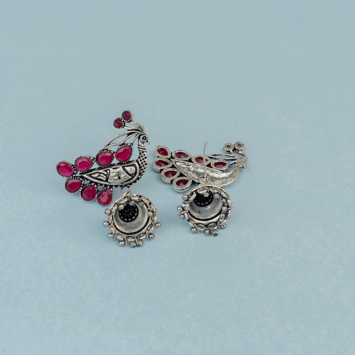 ChandMor- Silver Brass Pearl jhumka earrings (Peacock)