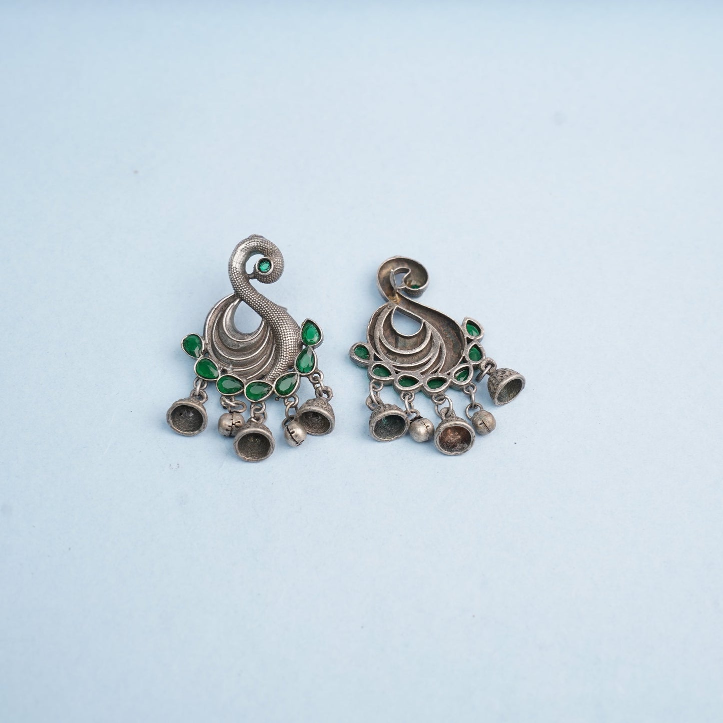 Hansika- Silver Brass ghunghroo dangler earrings(Green)