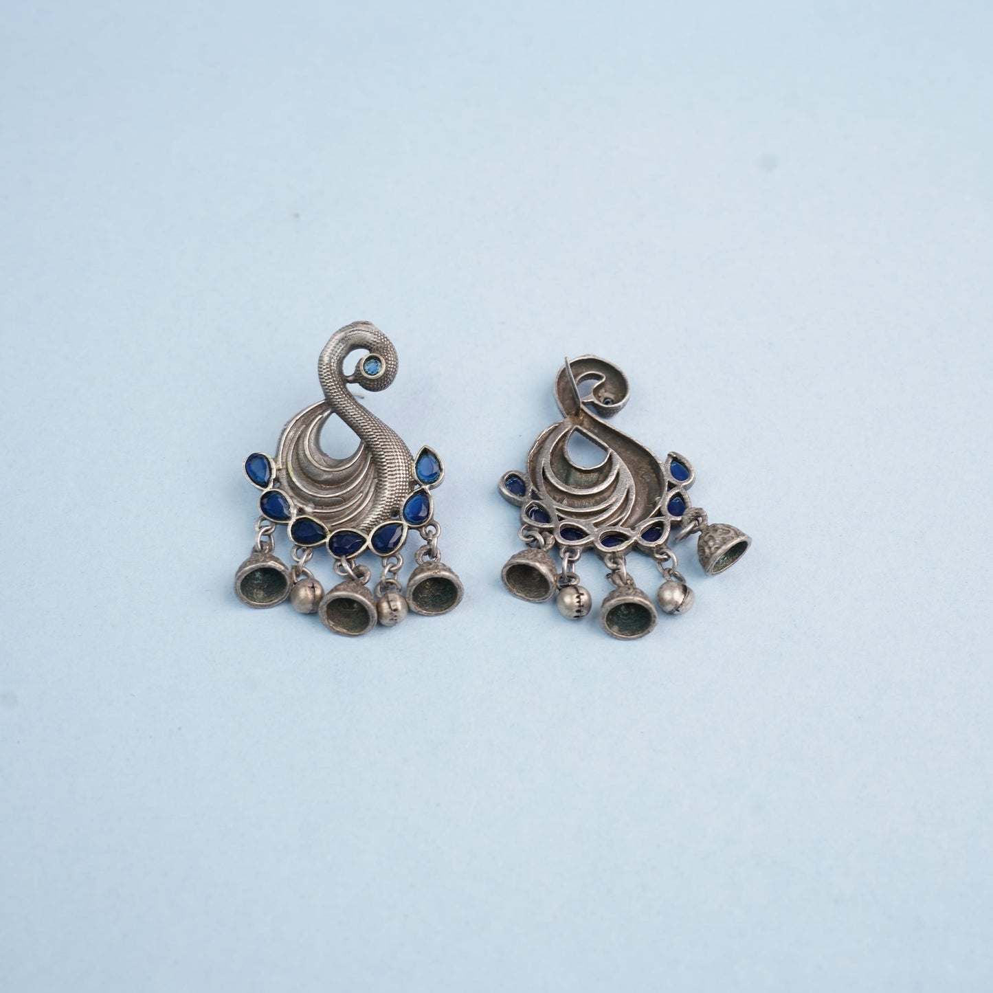 Hansika- Silver Brass ghunghroo dangler earrings(Blue)