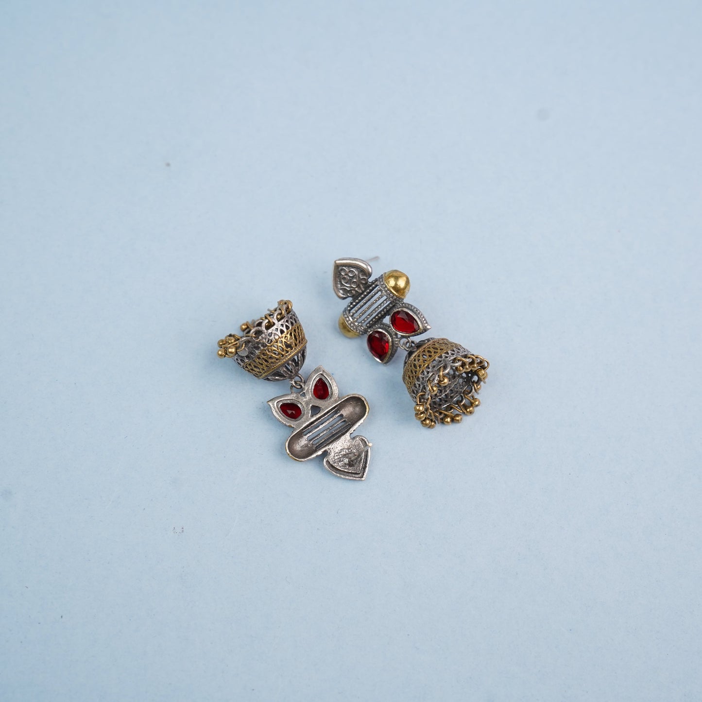 Rupali- Silver Brass Stone studdes Oxidised dangler earrings(Red)