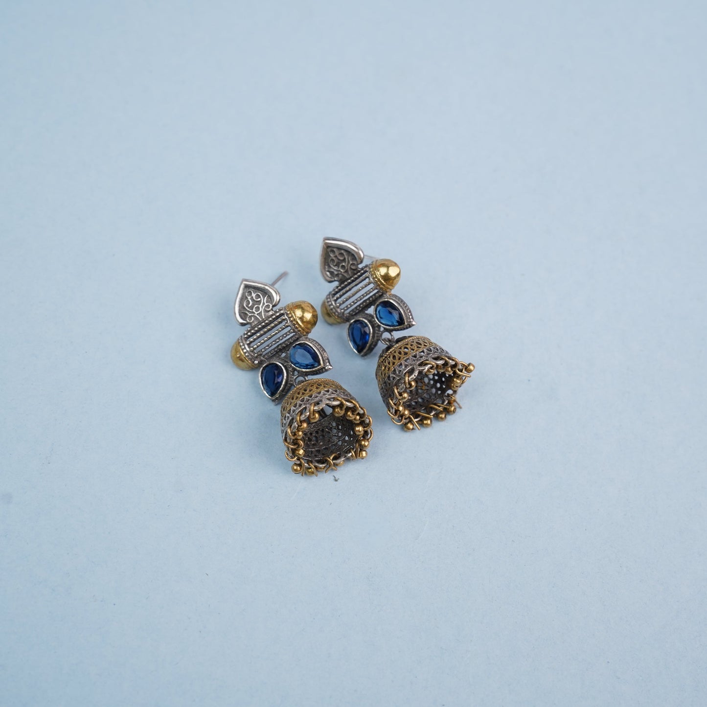 Rupali- Silver Brass Stone studdes Oxidised dangler earrings(Blue)