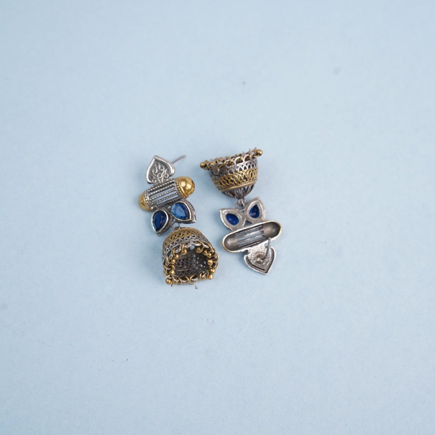 Rupali- Silver Brass Stone studdes Oxidised dangler earrings(Blue)