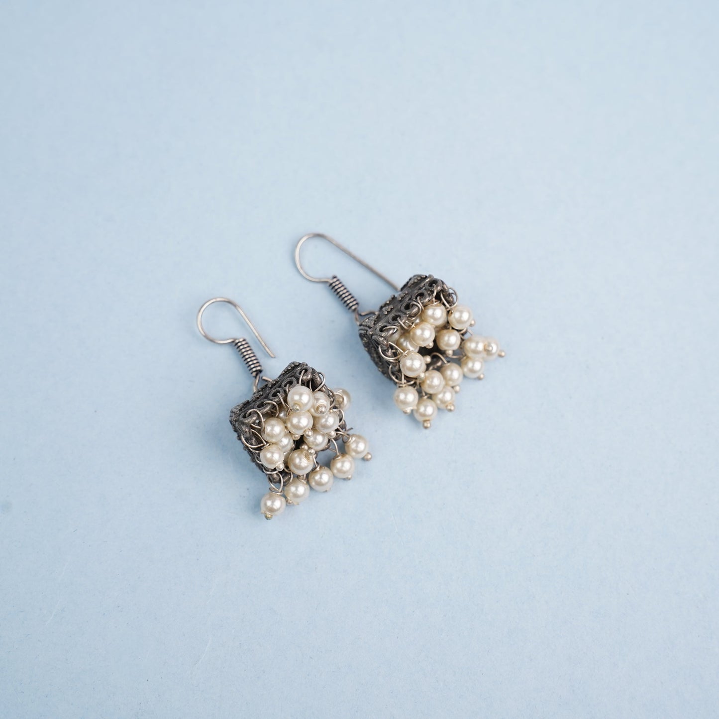 Phooljhal- Silver Brass Pearl jhumka earrings