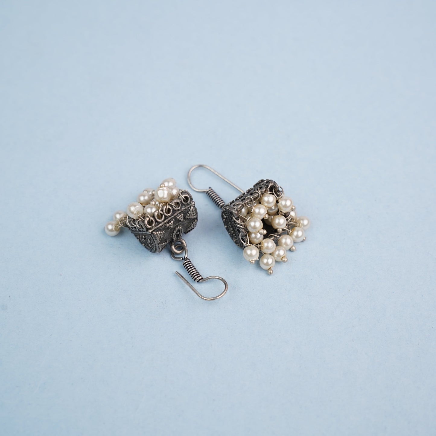 Phooljhal- Silver Brass Pearl jhumka earrings