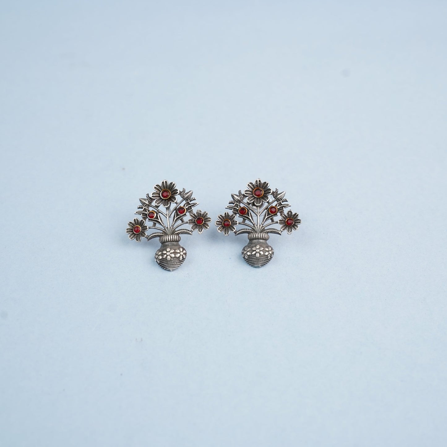 Pushp Kalash- Silver Brass Oxidised stud earrings(Red)