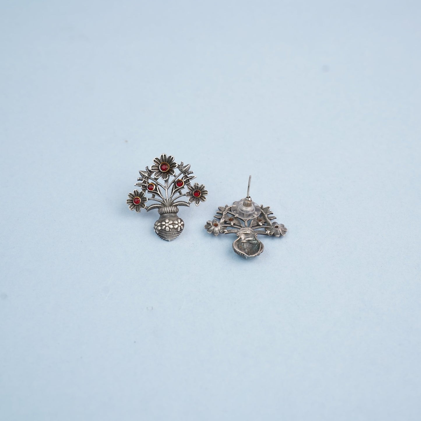 Pushp Kalash- Silver Brass Oxidised stud earrings(Red)