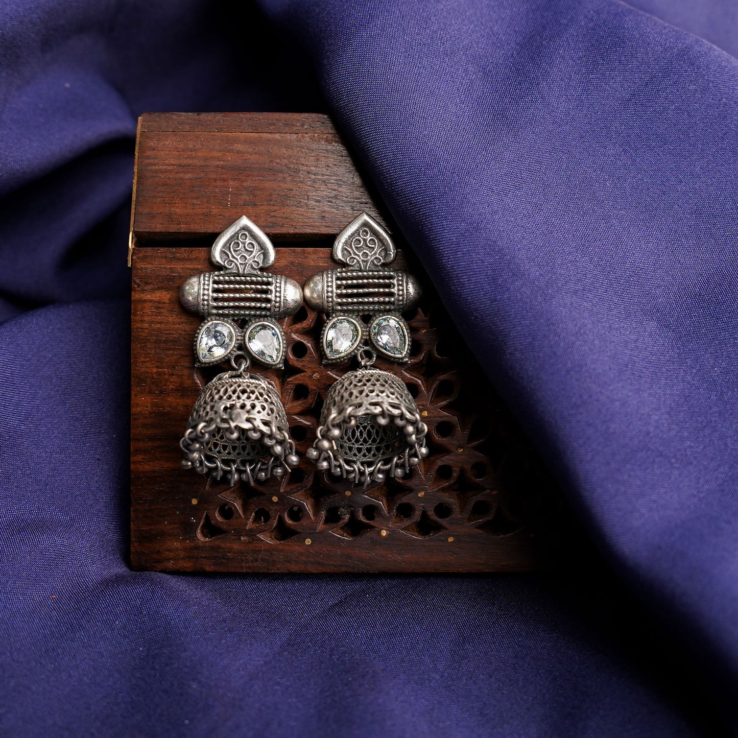 Taal- Silver Brass Oxidised Jhumka earrings(white)