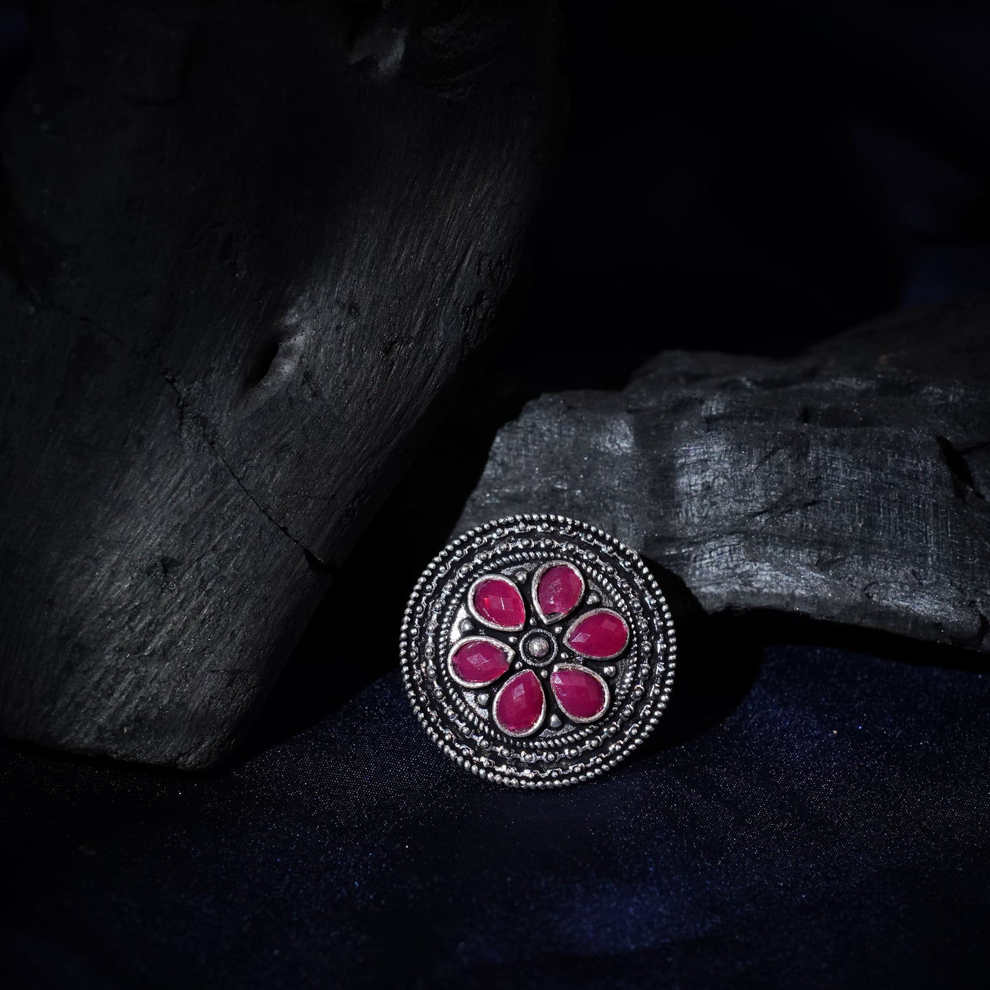 Rashmi- Silver oxidised ring (Red)