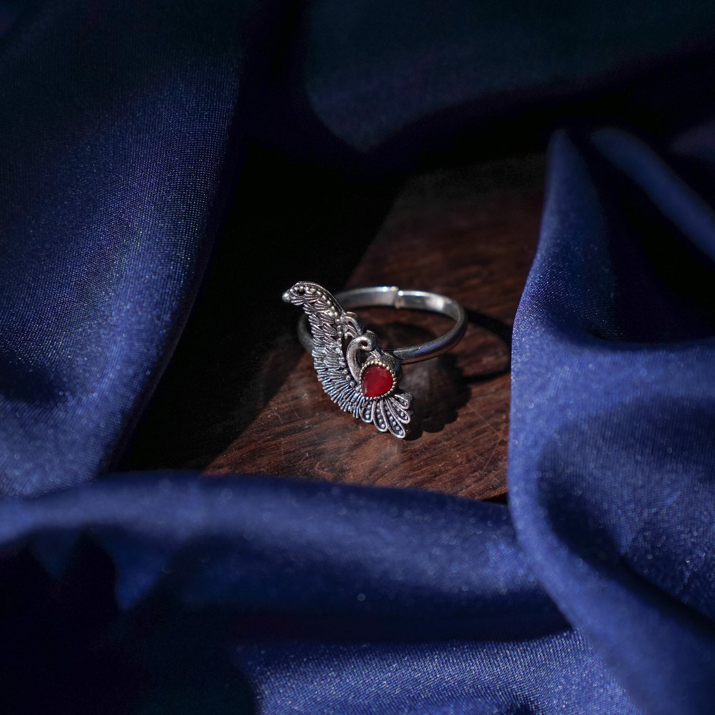 Pankh- Silver oxidised ring(Red)