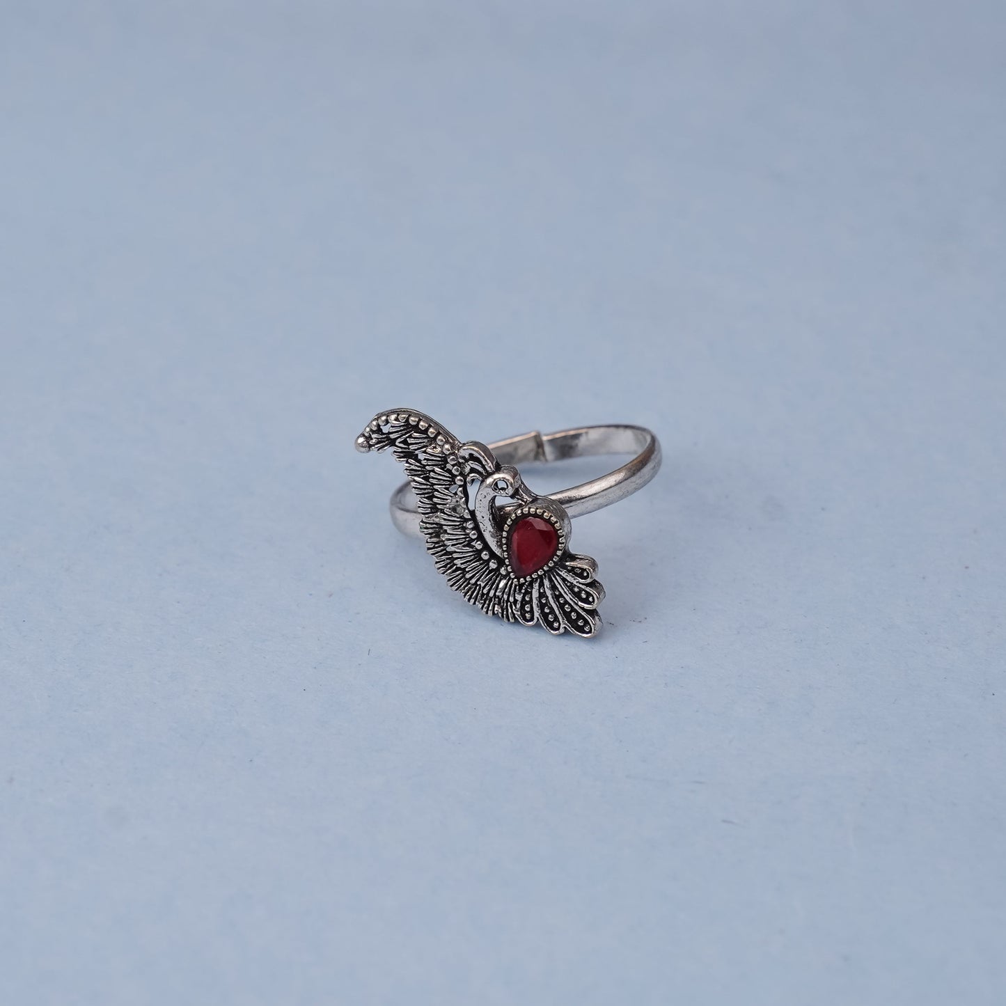 Pankh- Silver oxidised ring(Red)