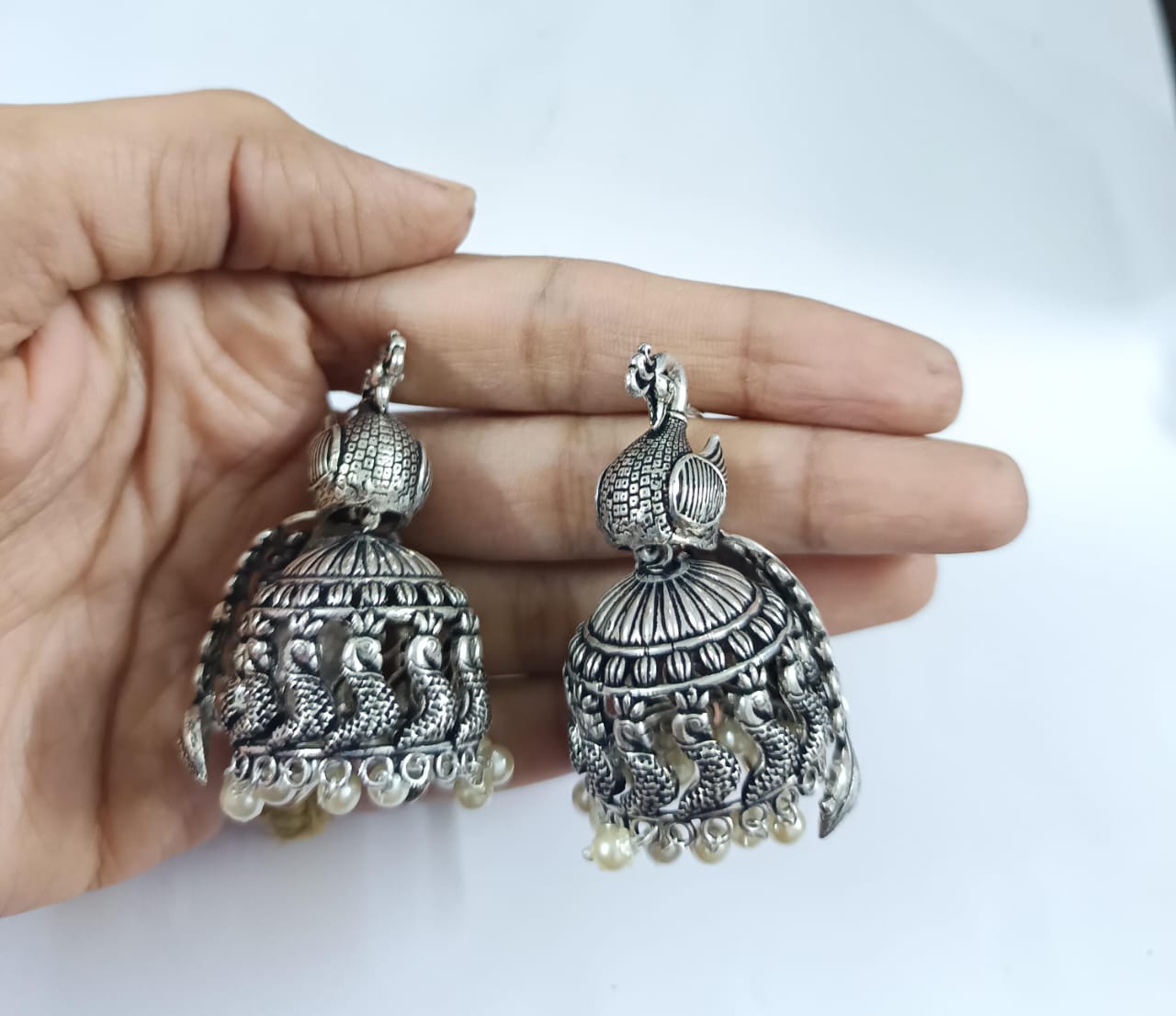 MorLekha- Silver Brass Oxidised Jhumka earrings
