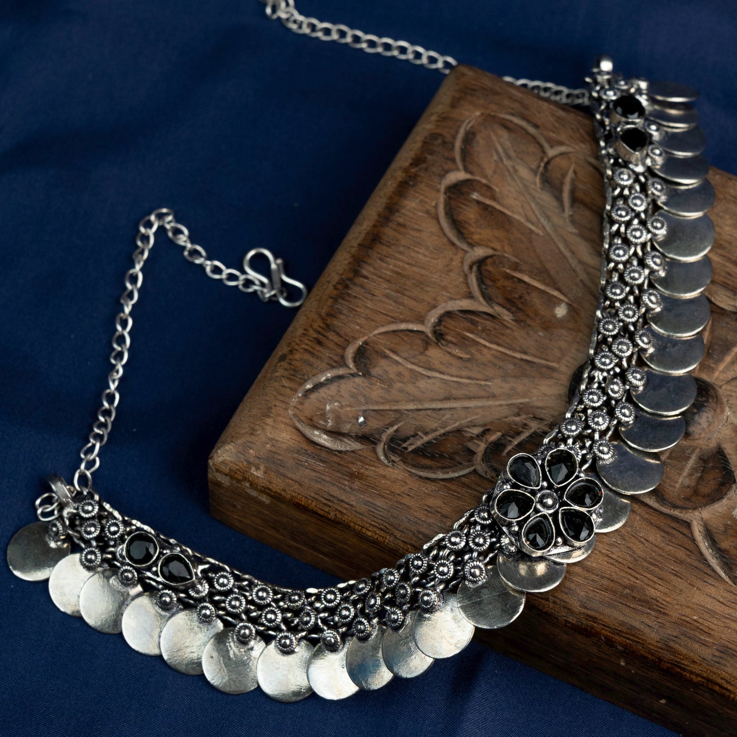 Shivangi- Black stone Brass Coin Neckpiece