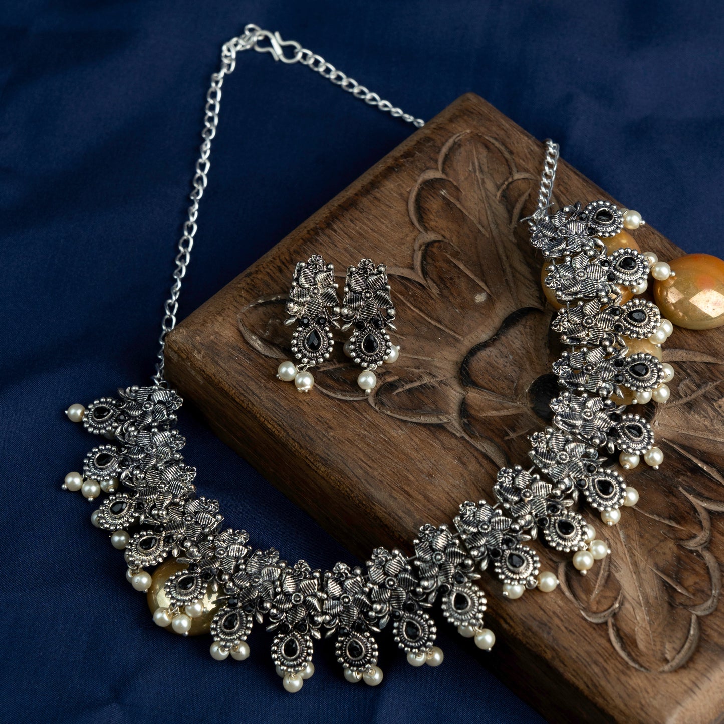Manorma- Black Stone studded German Silver Neckpiece set