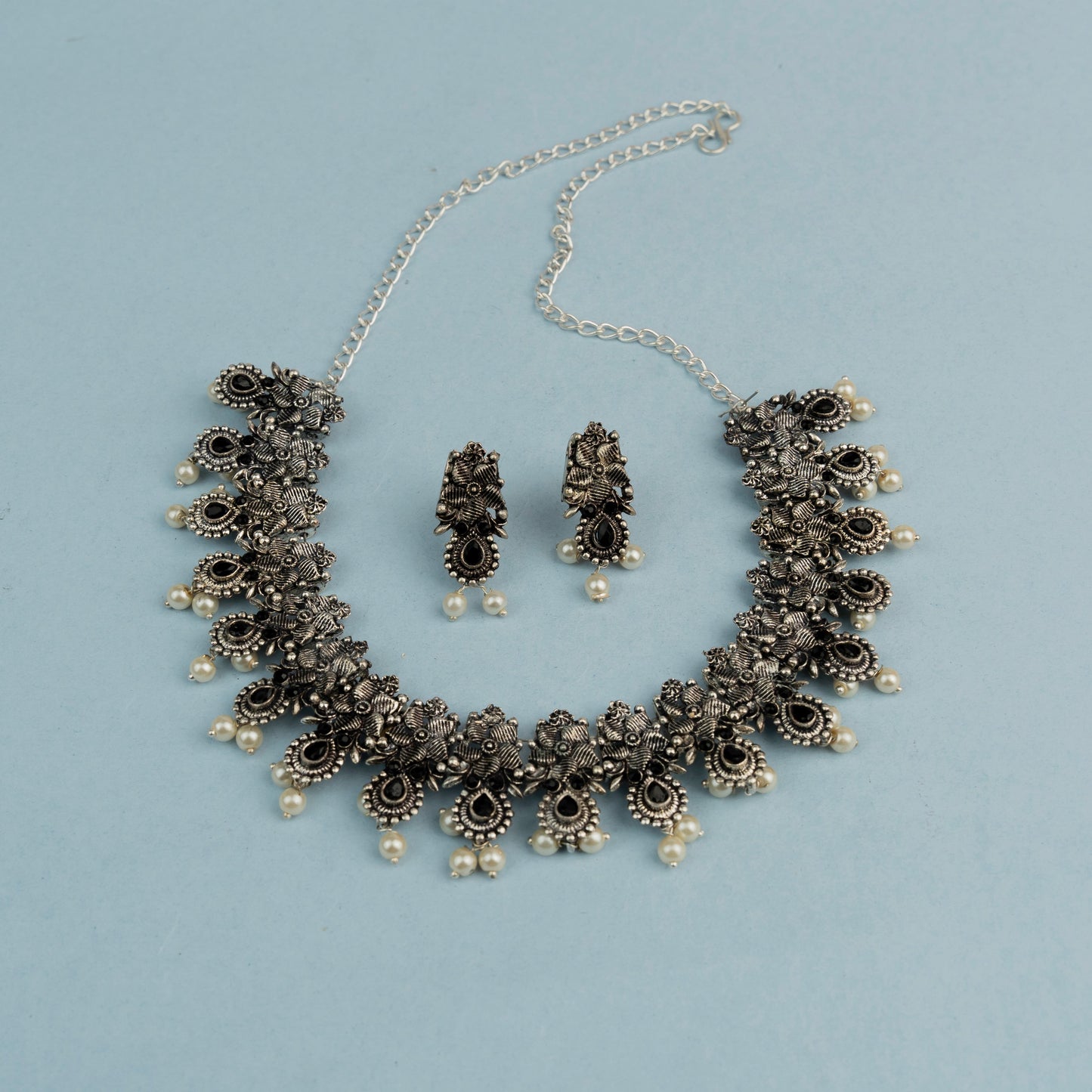 Manorma- Black Stone studded German Silver Neckpiece set
