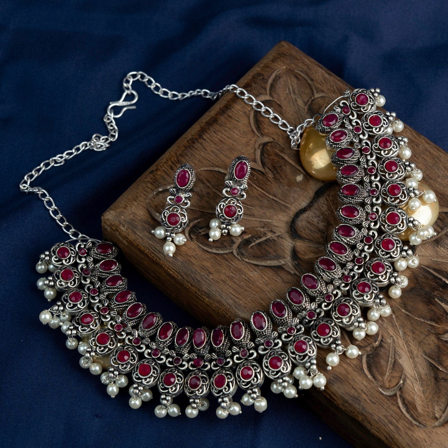 Kamalika- Red Stone studded German Silver Neckpiece set