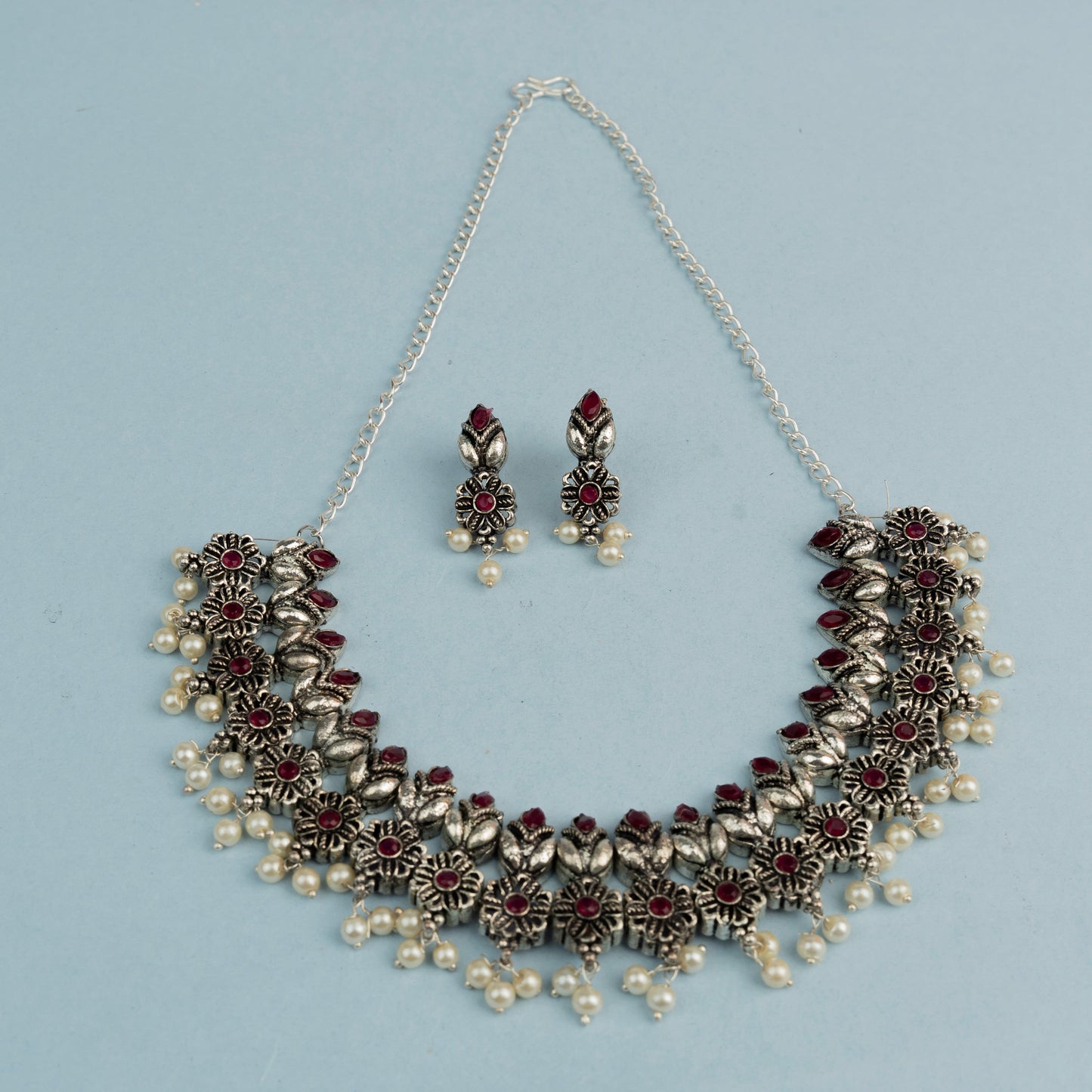 Kamalika- Red Stone studded German Silver Neckpiece set