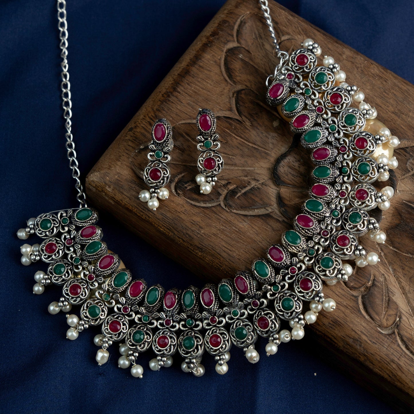 Tarangini- Stone studded German Silver Neckpiece set(Multicolored)