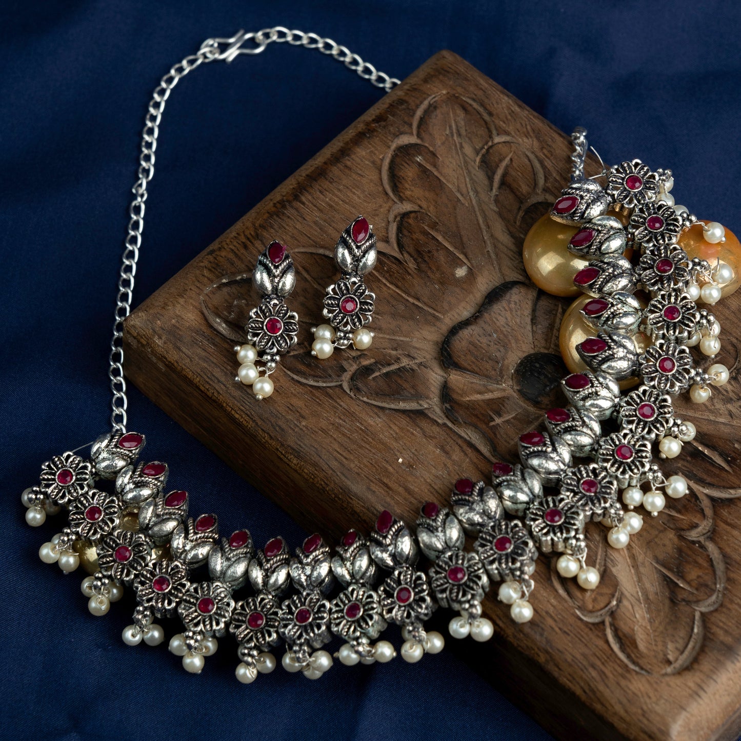 Vatsala- Stone studded German Silver Neckpiece set(Red)