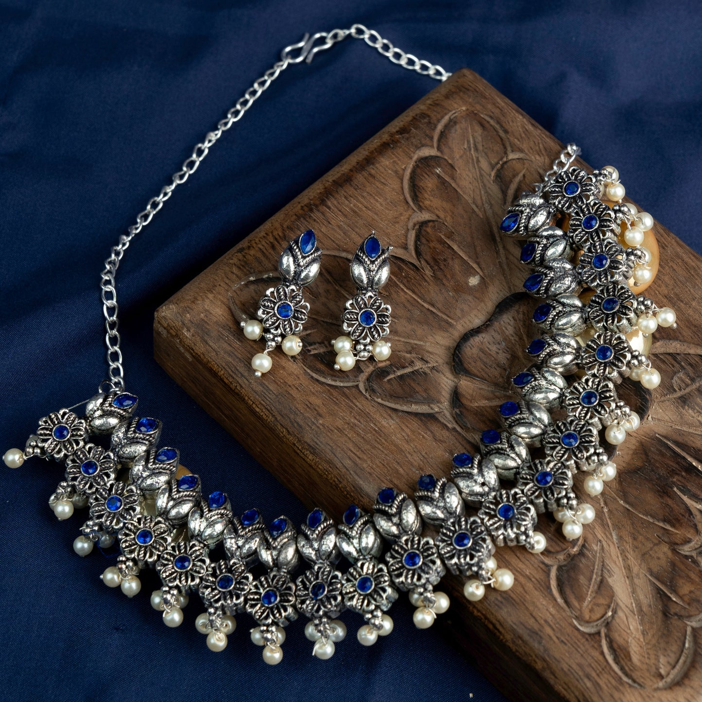 Vatsala- Stone studded German Silver Neckpiece set(Blue)