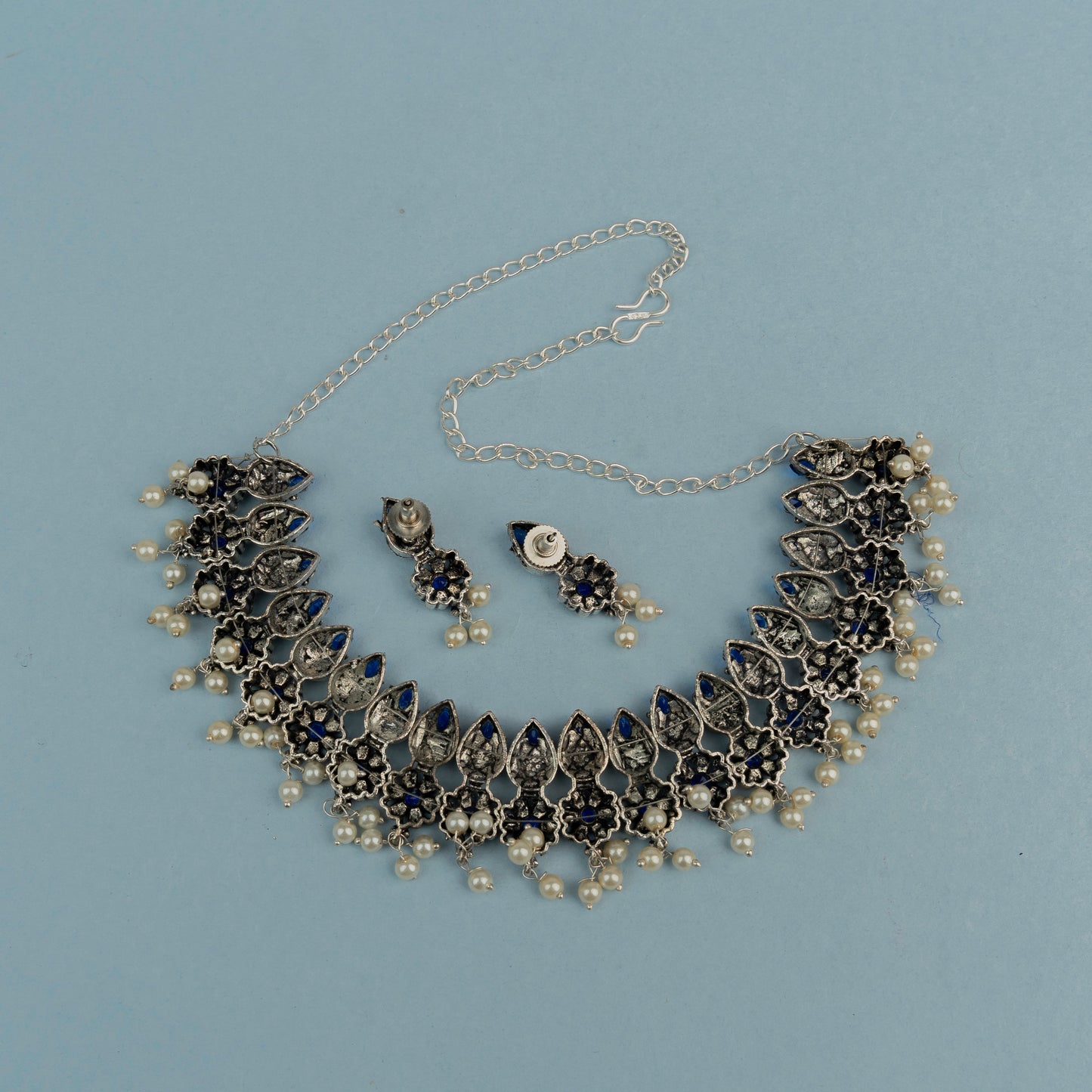 Vatsala- Stone studded German Silver Neckpiece set(Blue)