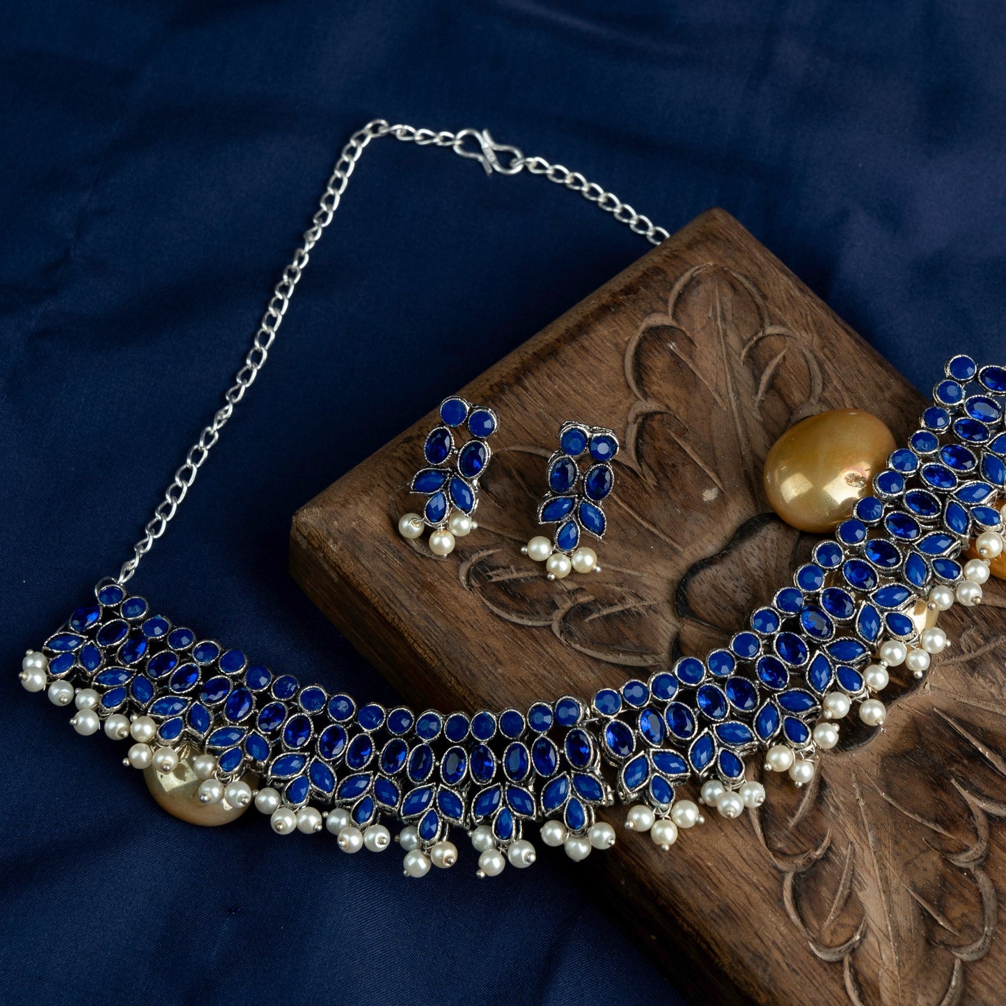 Sharanya- Stone studded German Silver Neckpiece set(Black)