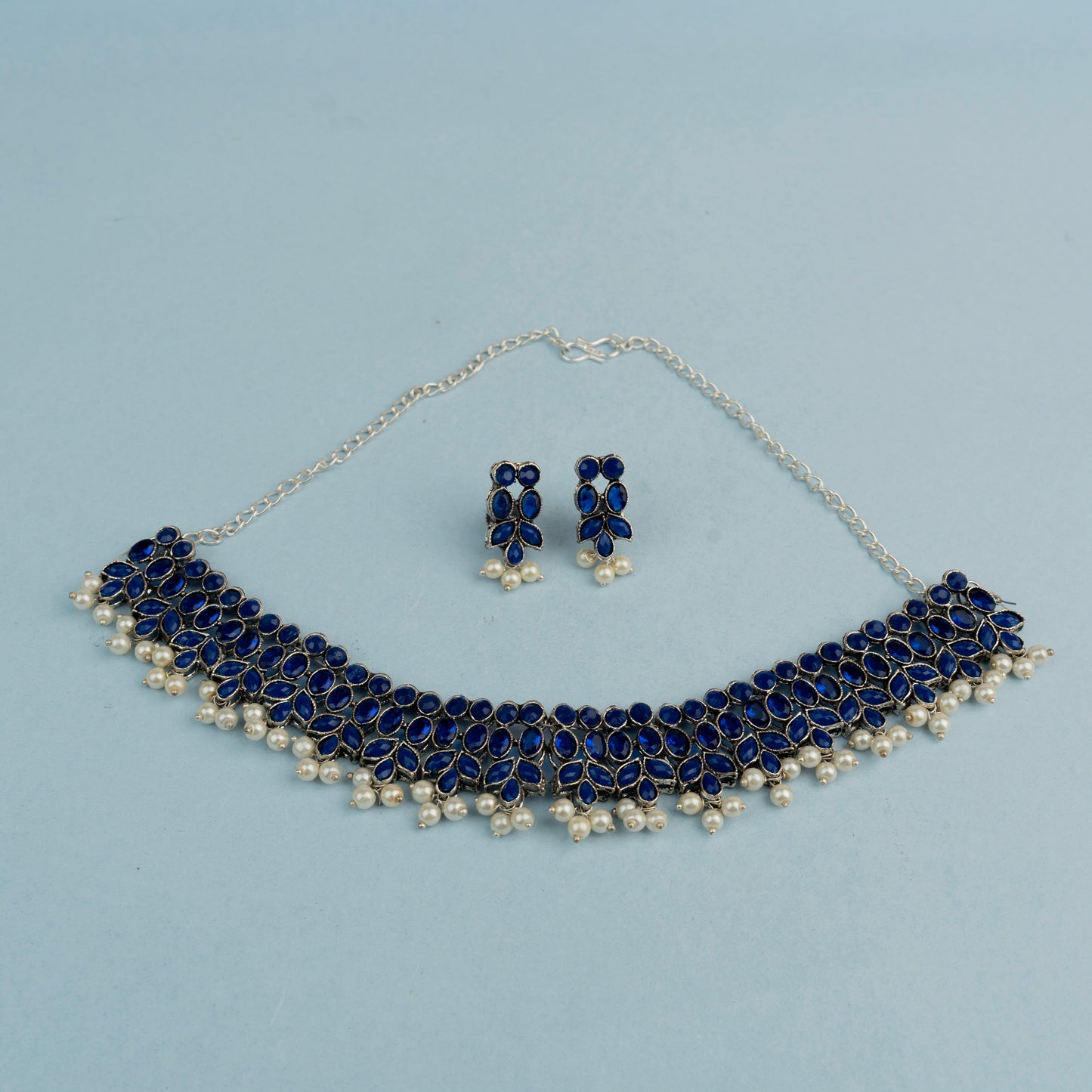 Sharanya- Stone studded German Silver Neckpiece set(Black)