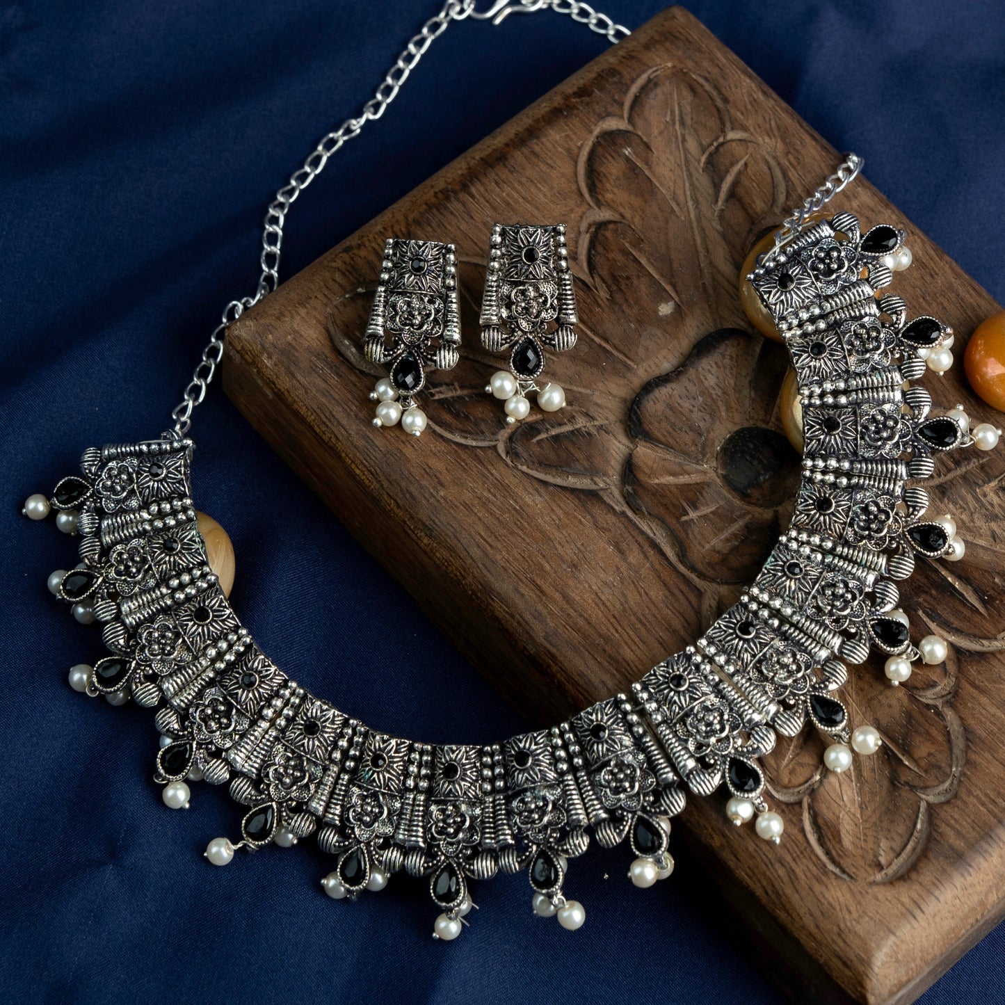 Bhavani- Blue Stone studded German Silver Neckpiece set(Black)