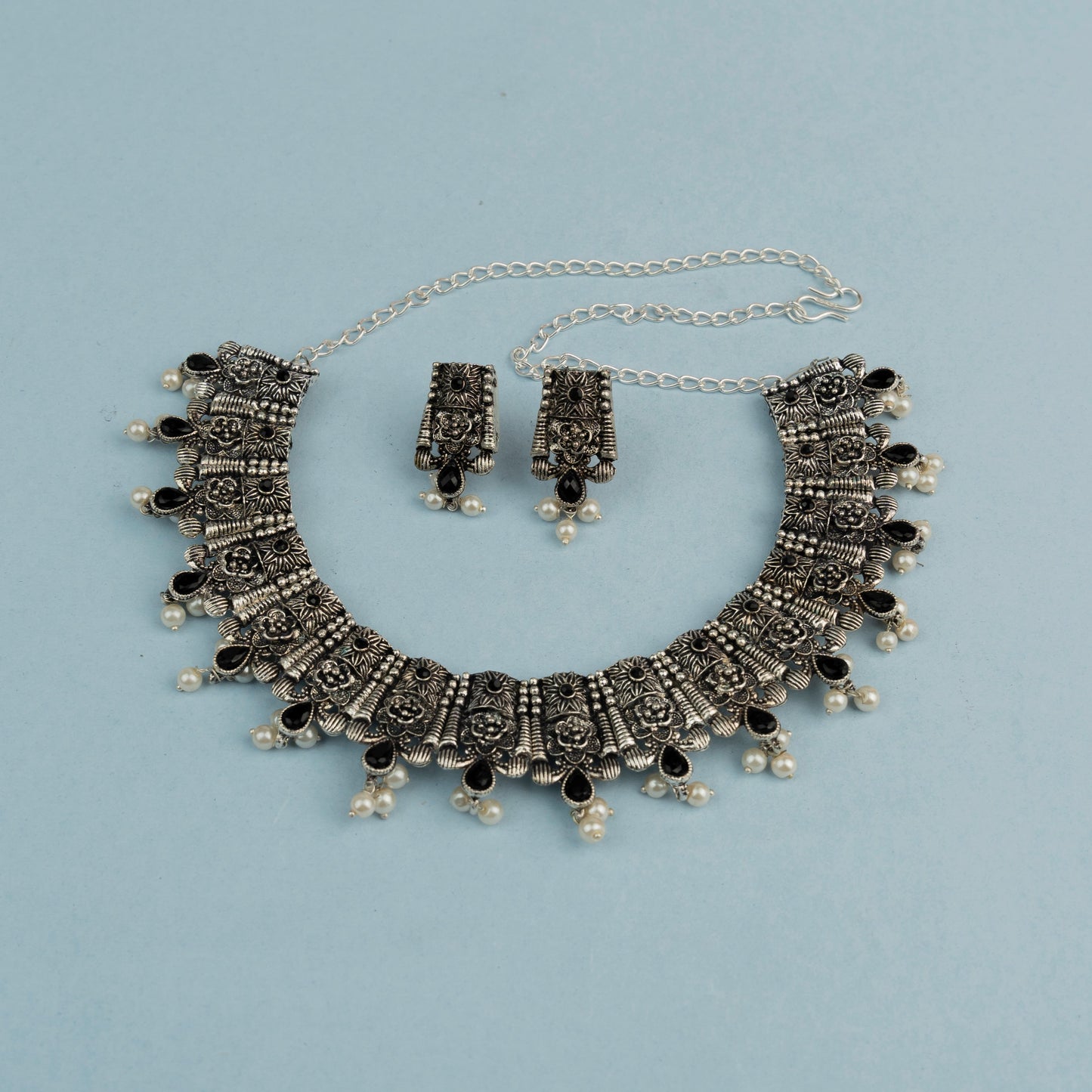 Bhavani- Blue Stone studded German Silver Neckpiece set(Black)