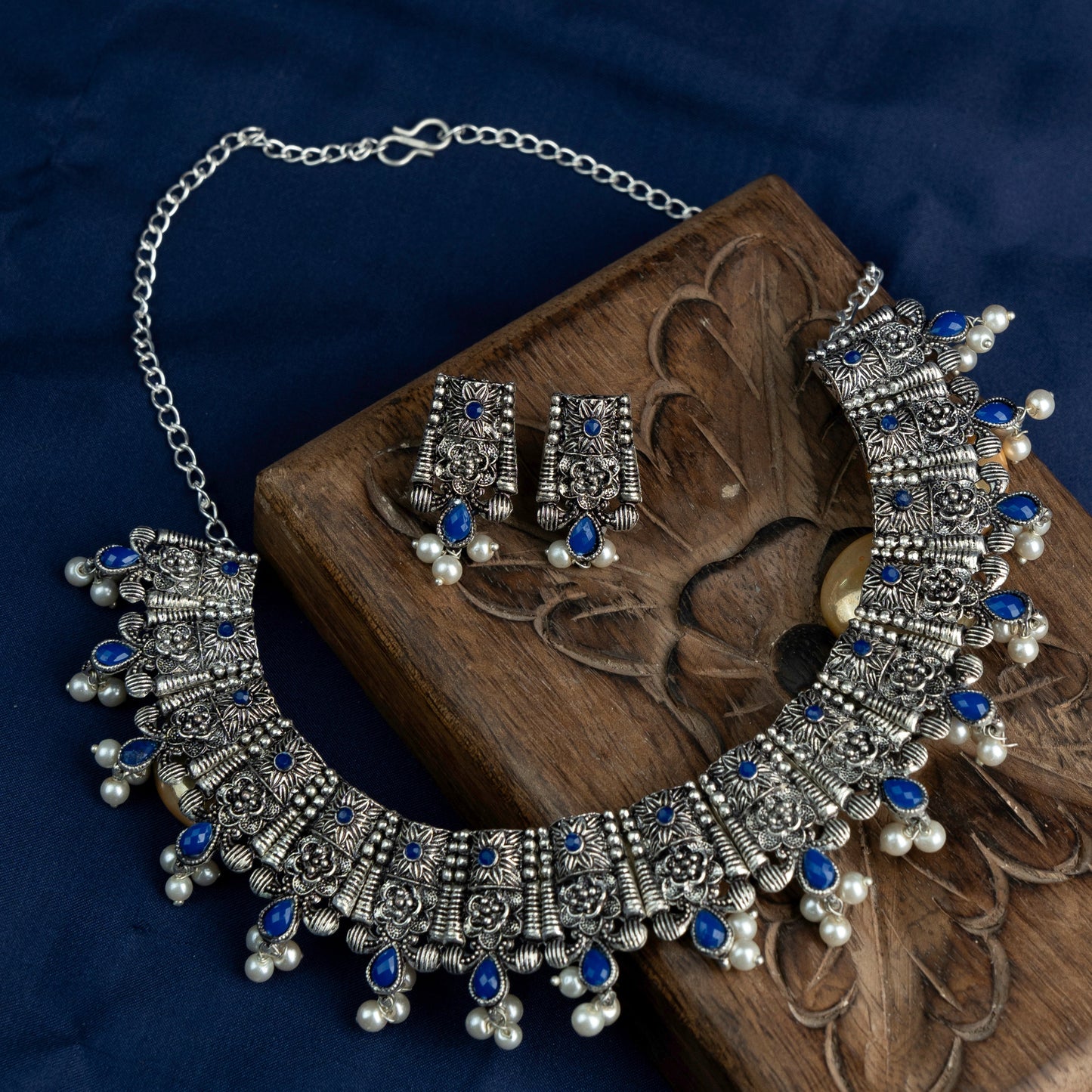 Bhavani- Blue Stone studded German Silver Neckpiece set(Blue)