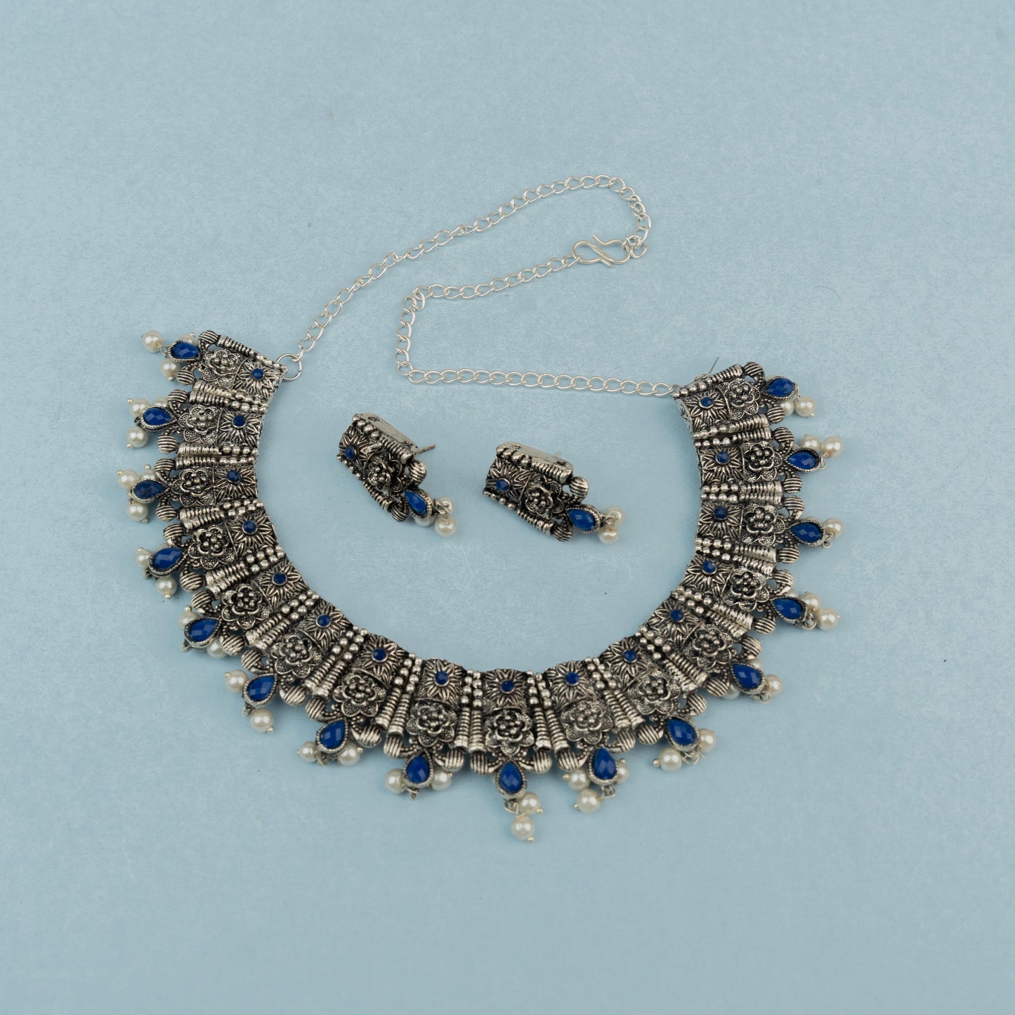 Bhavani- Blue Stone studded German Silver Neckpiece set(Blue)
