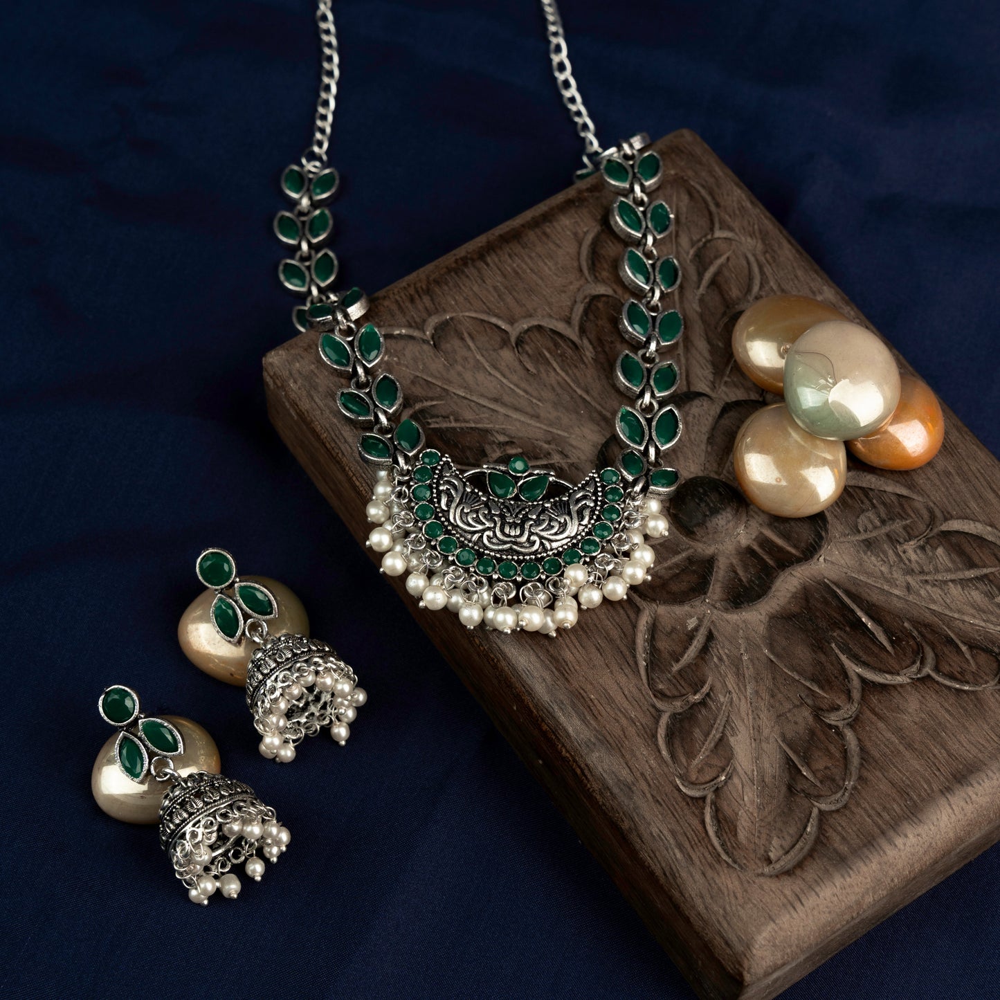 Pranayini- Green Stone studded German Silver Neckpiece set
