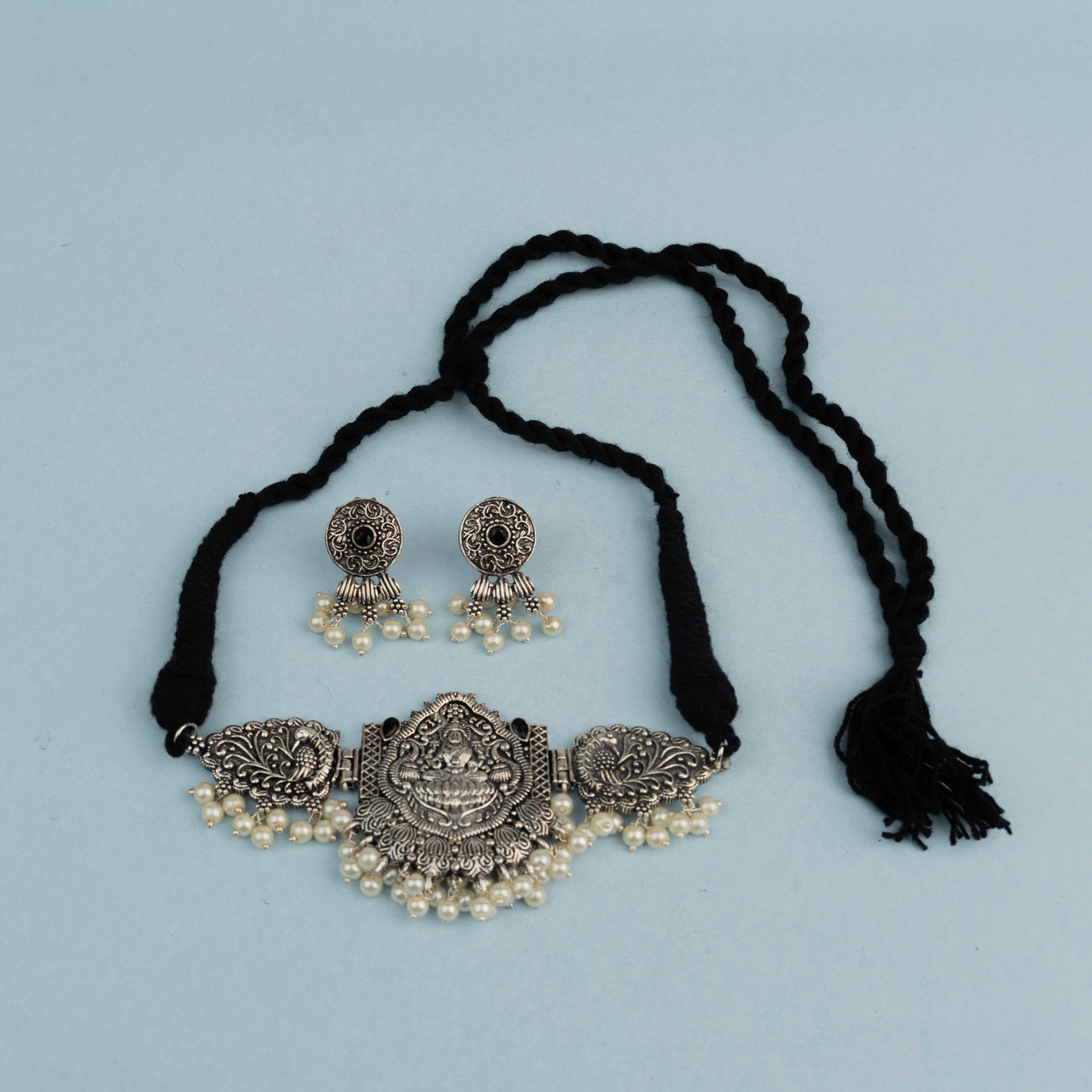 Padmalaya- Stone studded Laxmi Motif German Silver Neckpiece set(Black)