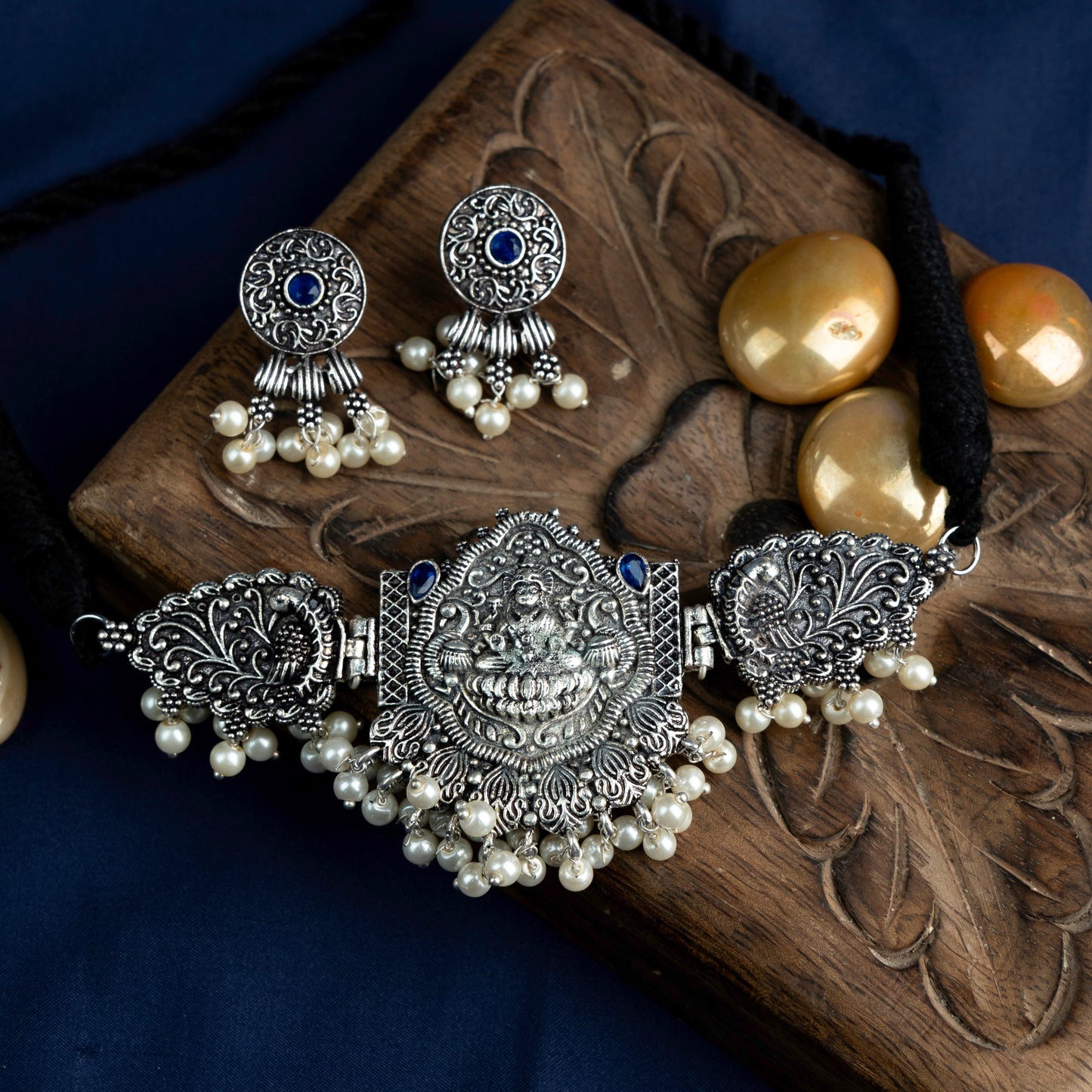 Padmalaya- Stone studded Laxmi Motif German Silver Neckpiece set(Blue)