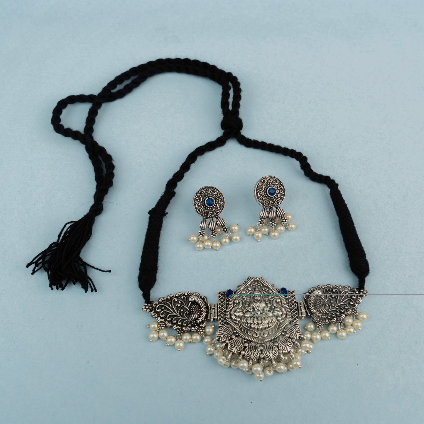 Padmalaya- Stone studded Laxmi Motif German Silver Neckpiece set(Blue)