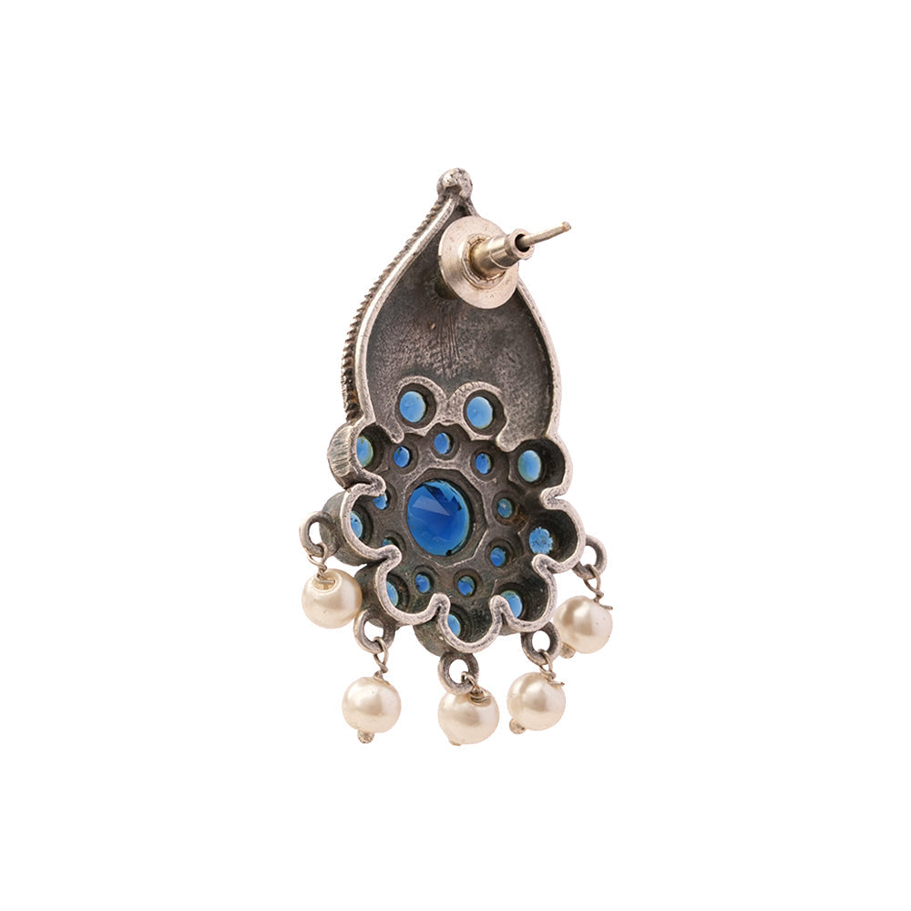 PatraPushp- Silver Brass Pearl dangler earrings(Blue)