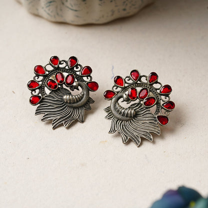 Pankhi- Silver Brass Stone-Studded Stud Earrings(Red)