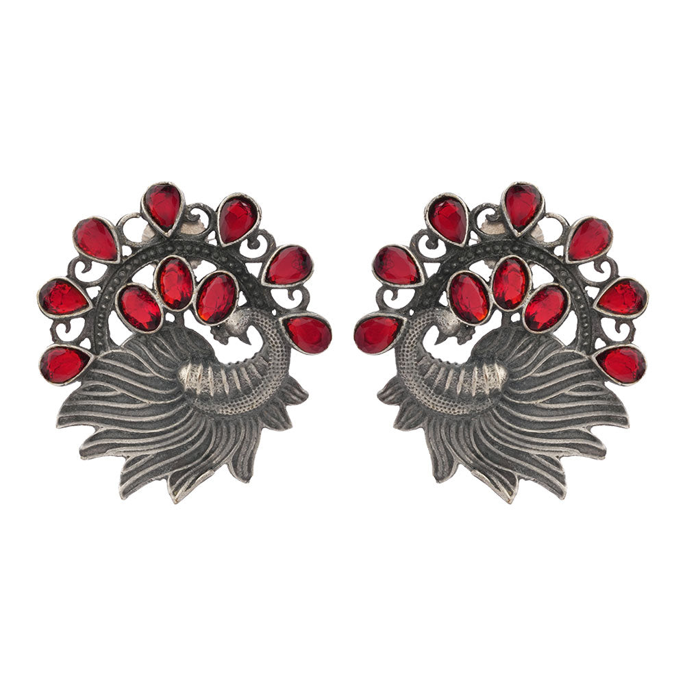 Pankhi- Silver Brass Stone-Studded Stud Earrings(Red)